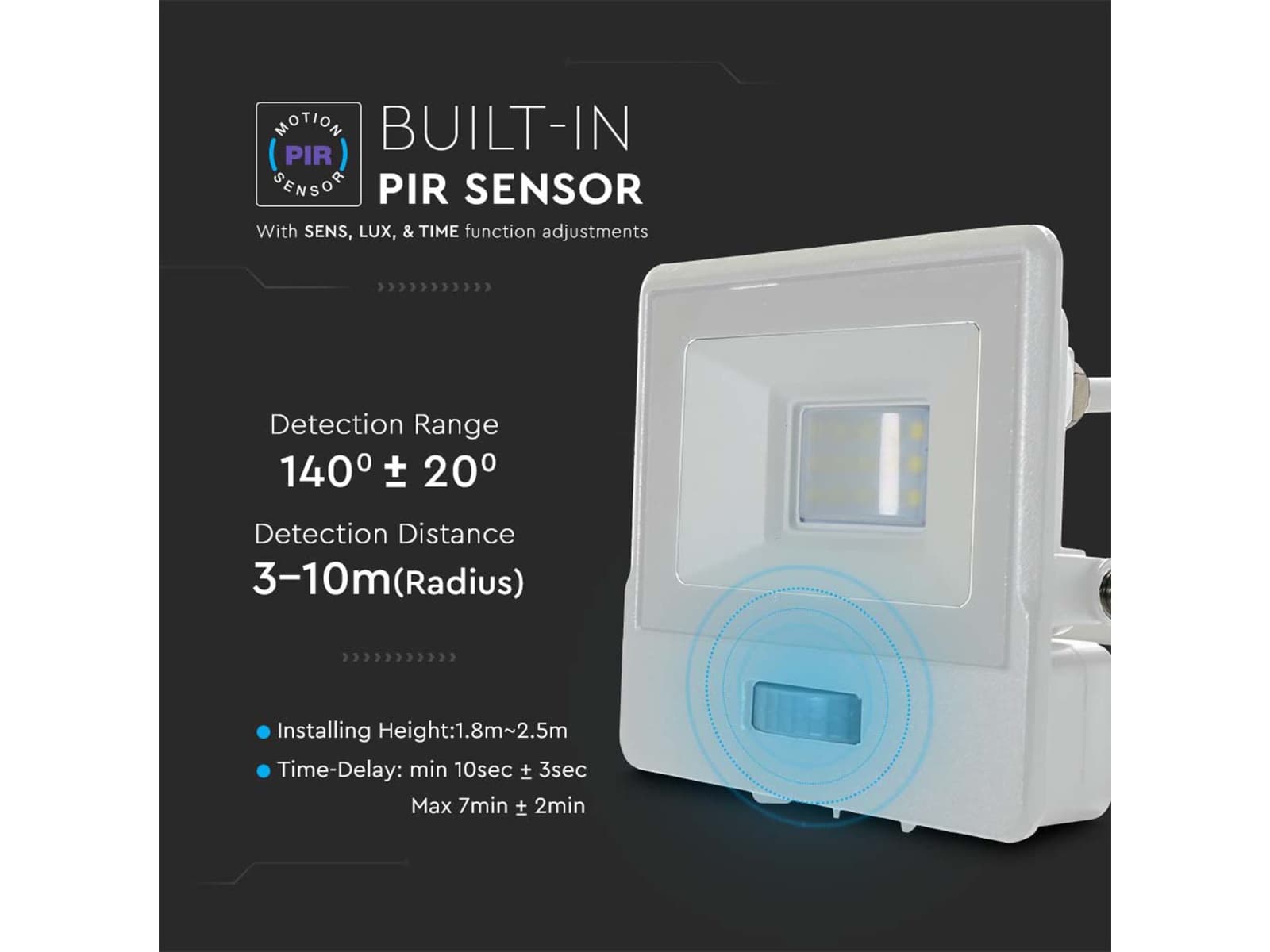 V-TAC LED-Fluter, Bewegungsmelder VT-118S-1 (20294) EEK: F, 10W, 735 lm, 6500K, weiß