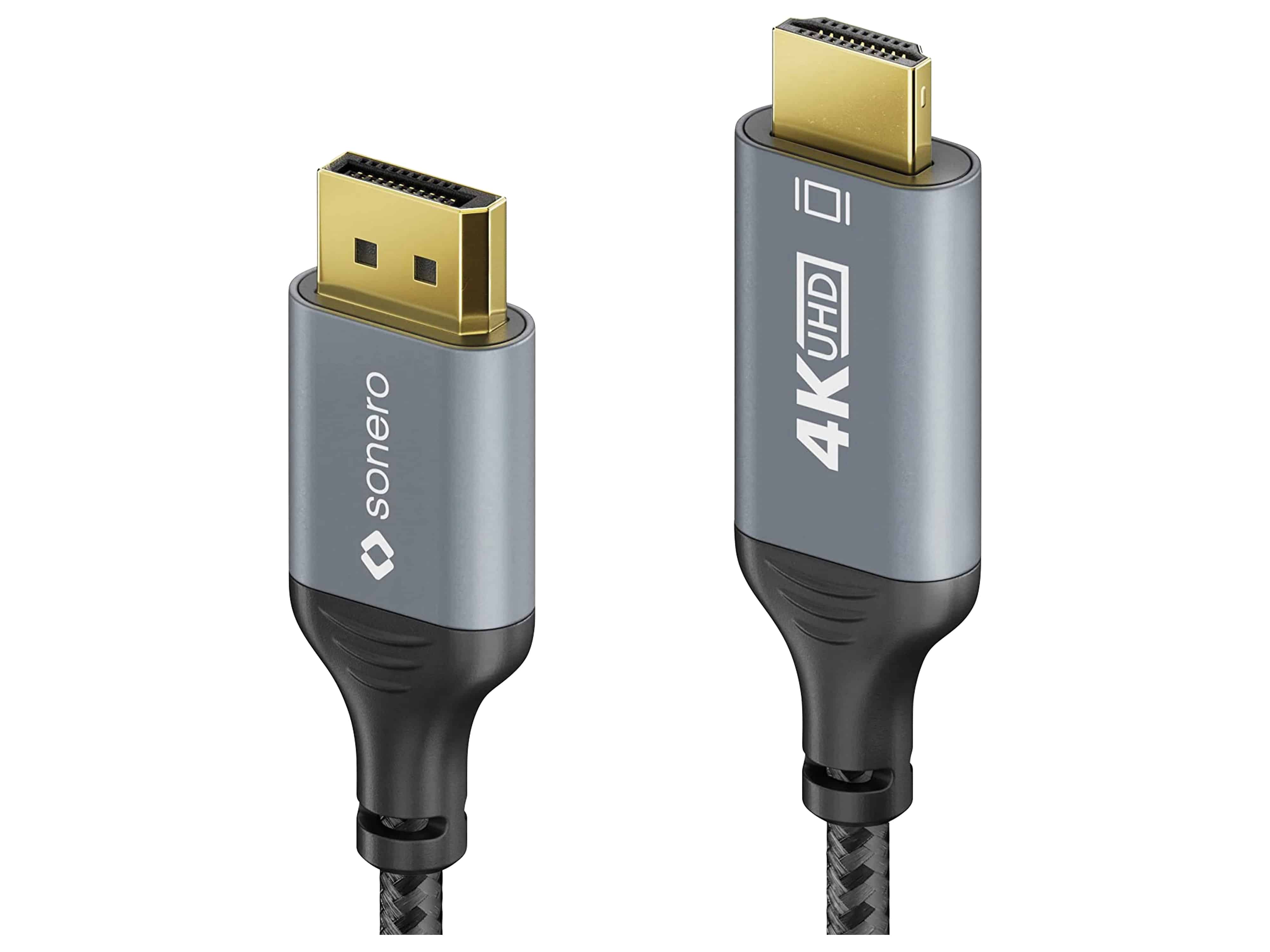SONERO DisplayPort-Kabel, DP/HDMI, Stecker/Stecker, 4K60, grau/schwarz, 1 m