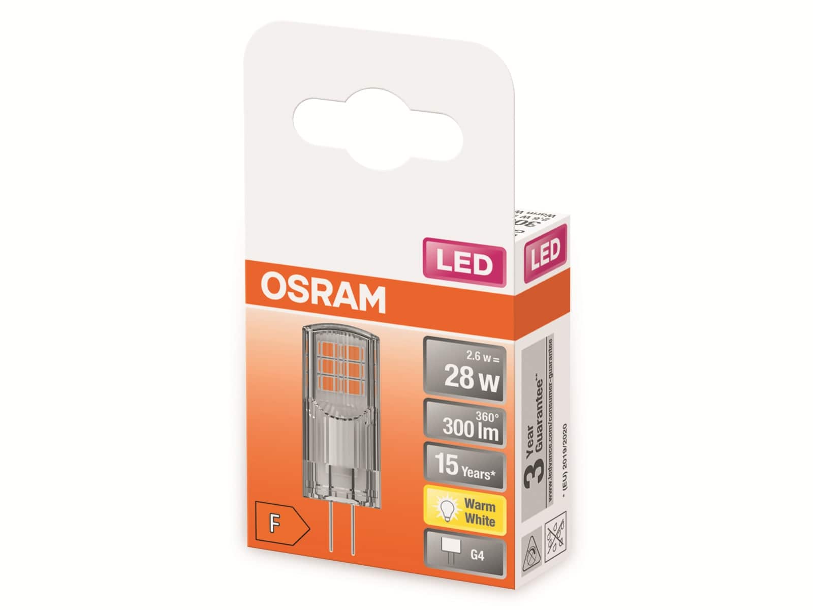 OSRAM LED-Stiftsockellampe, PIN30, G4, EEK: F, 2,6W, 300lm, 2700K