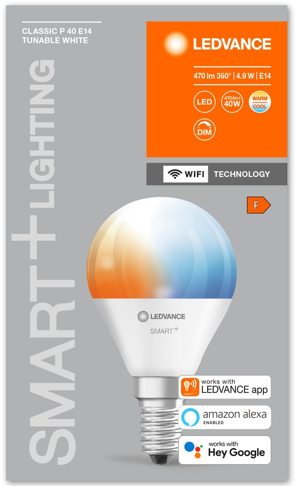 LEDVANCE LED-Lampe SMART+ WiFi Mini bulb, P46, E14, EEK: F, 4,9 W, 470 lm, 2700…6500 K, Smart