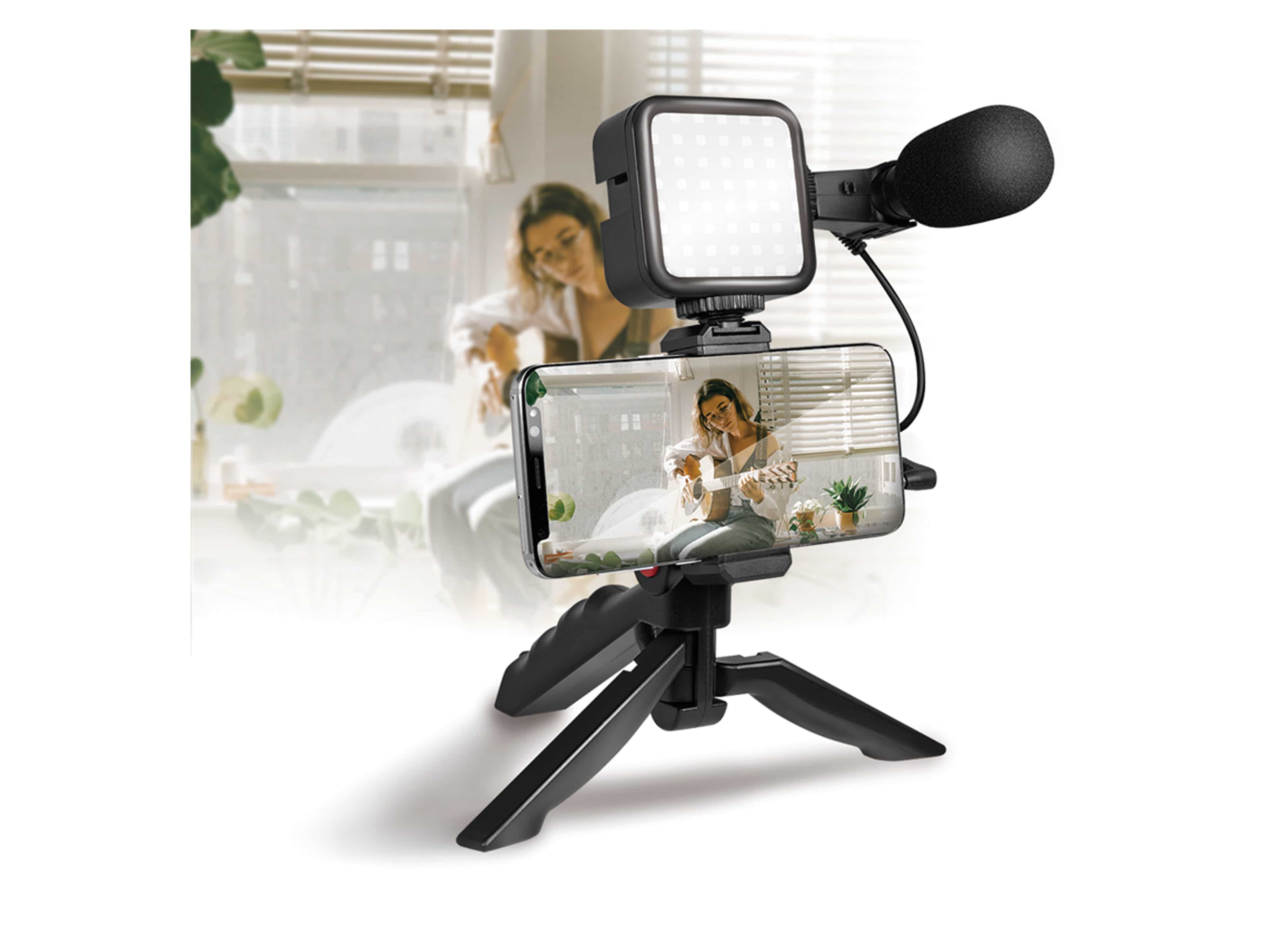 LOGILINK Vlogger-Kit AA0157, mit LED-Licht, Mikrofon u. Stativ