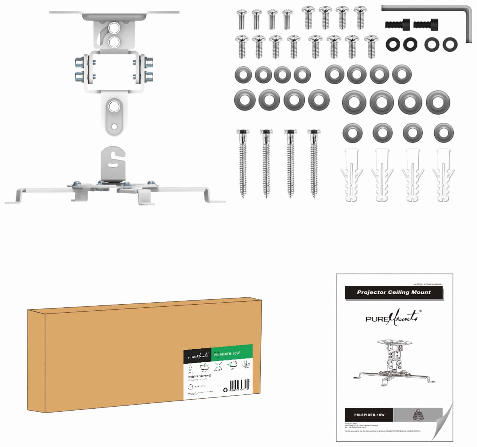 PUREMOUNTS Beamer-Deckenhalterung PM-Spider-10W, 54...320mm, weiß