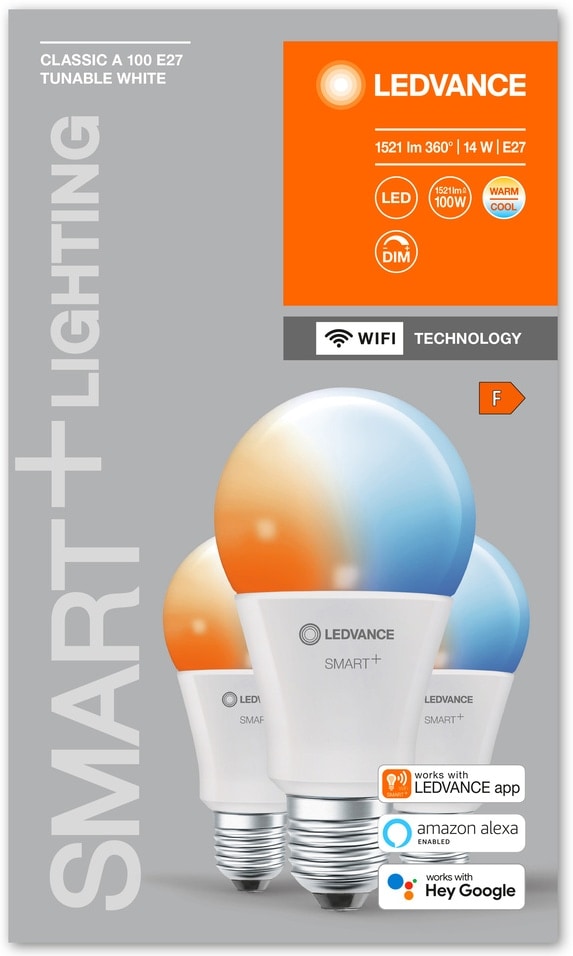 LEDVANCE LED-Lampe SMART+ WiFi Classic, A75, E27, EEK: F, 14 W, 1521 lm, 2700…6500 K, Smart, 3 Stück