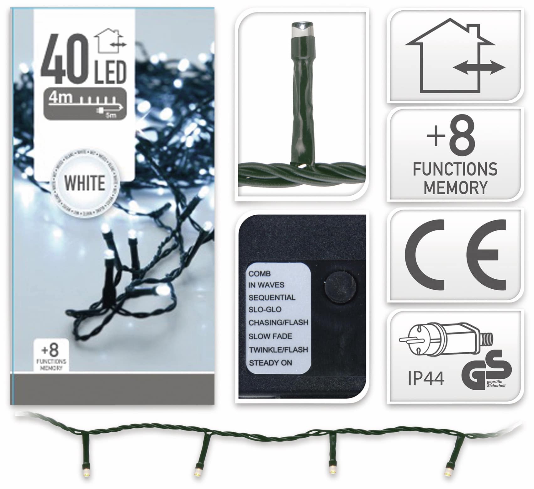 LED-Lichterkette, 40 LEDs, kaltweiß, 230V~, IP44, 8 Funktionen, Memory