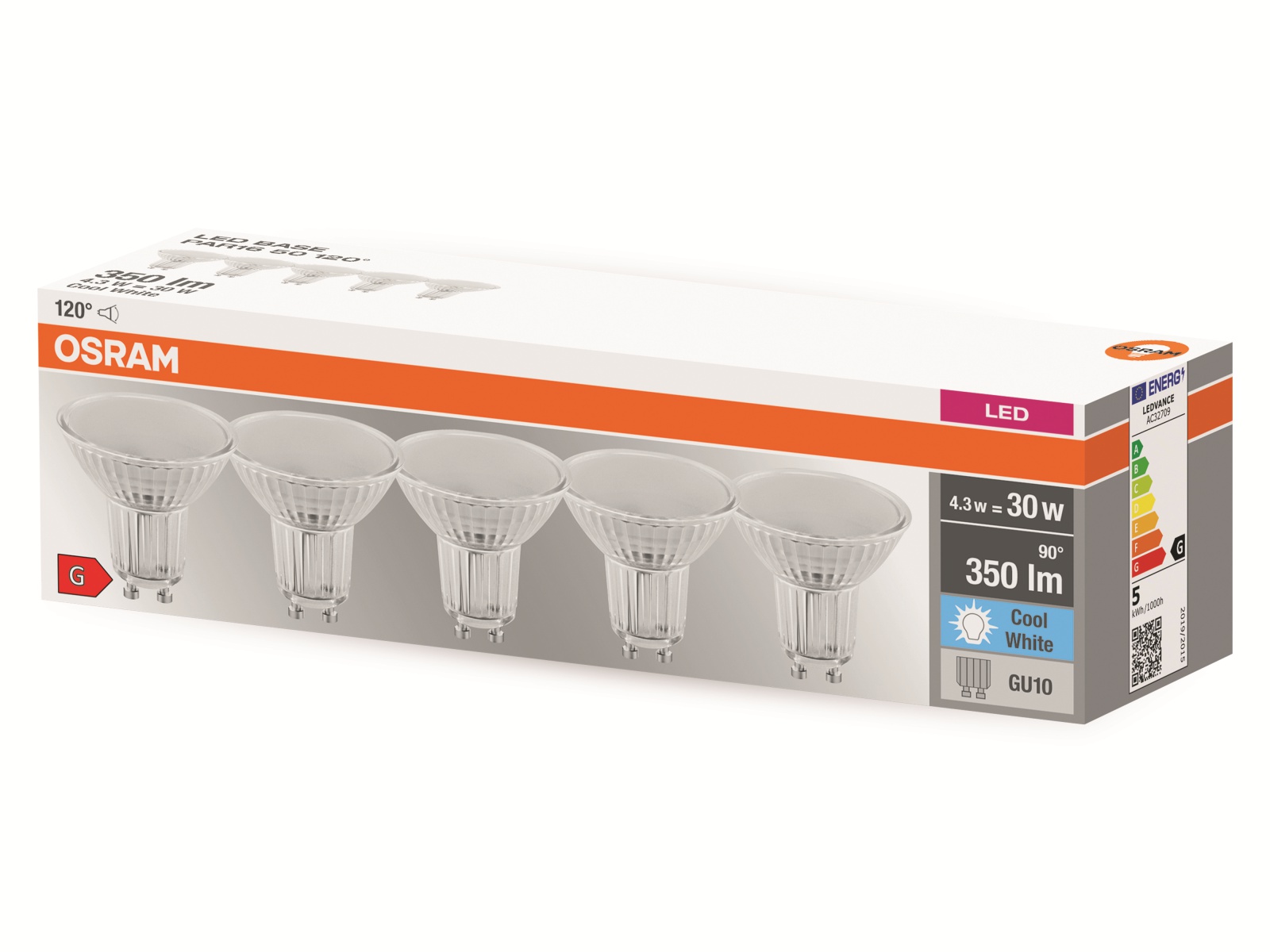 OSRAM LED-Lampe, PAR16, GU10, EEK: F, 4,3W, 350lm, 4000K, 5 Stk