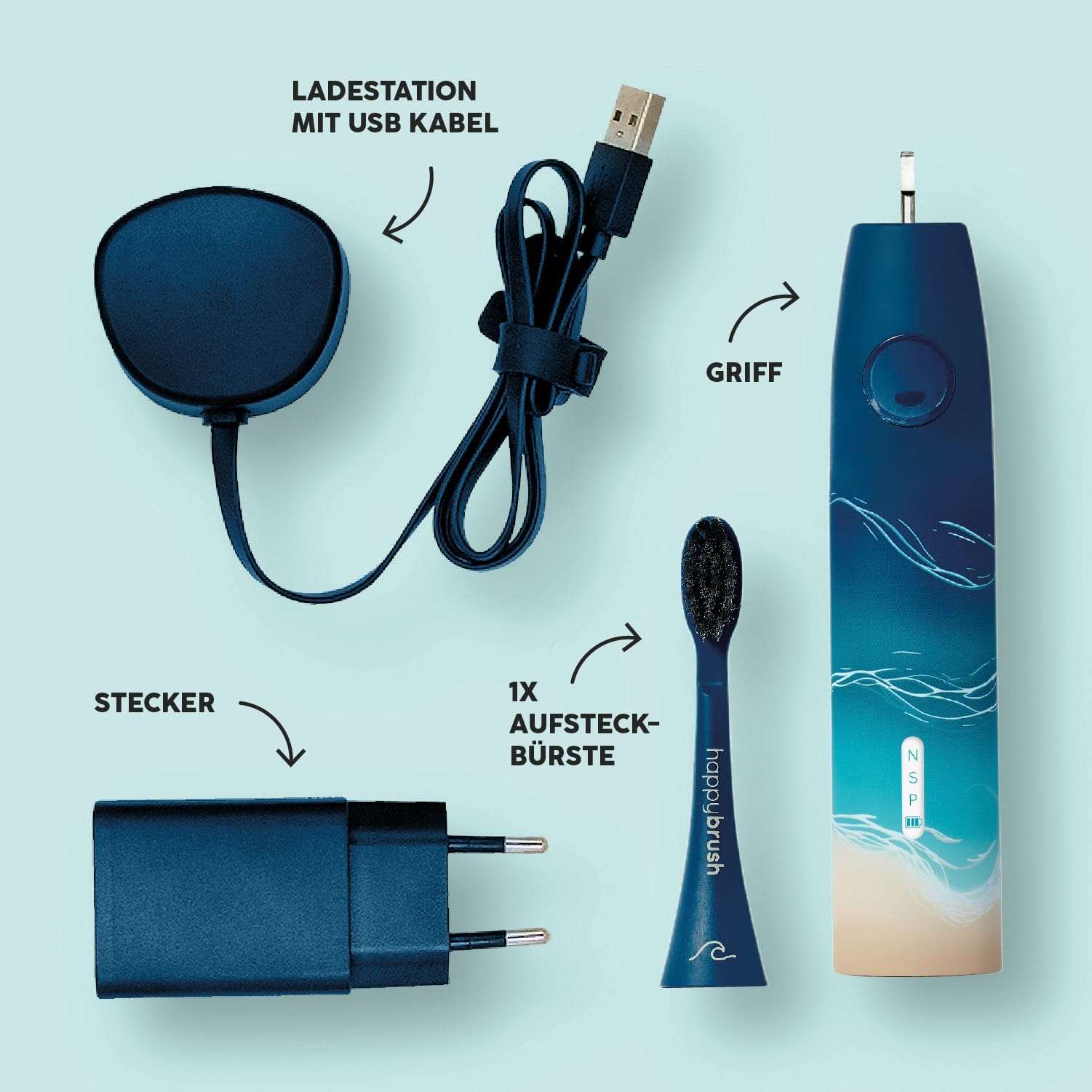 HAPPYBRUSH Elektrische Zahnbürste ECO VIBE 3, Starterkit Ocean