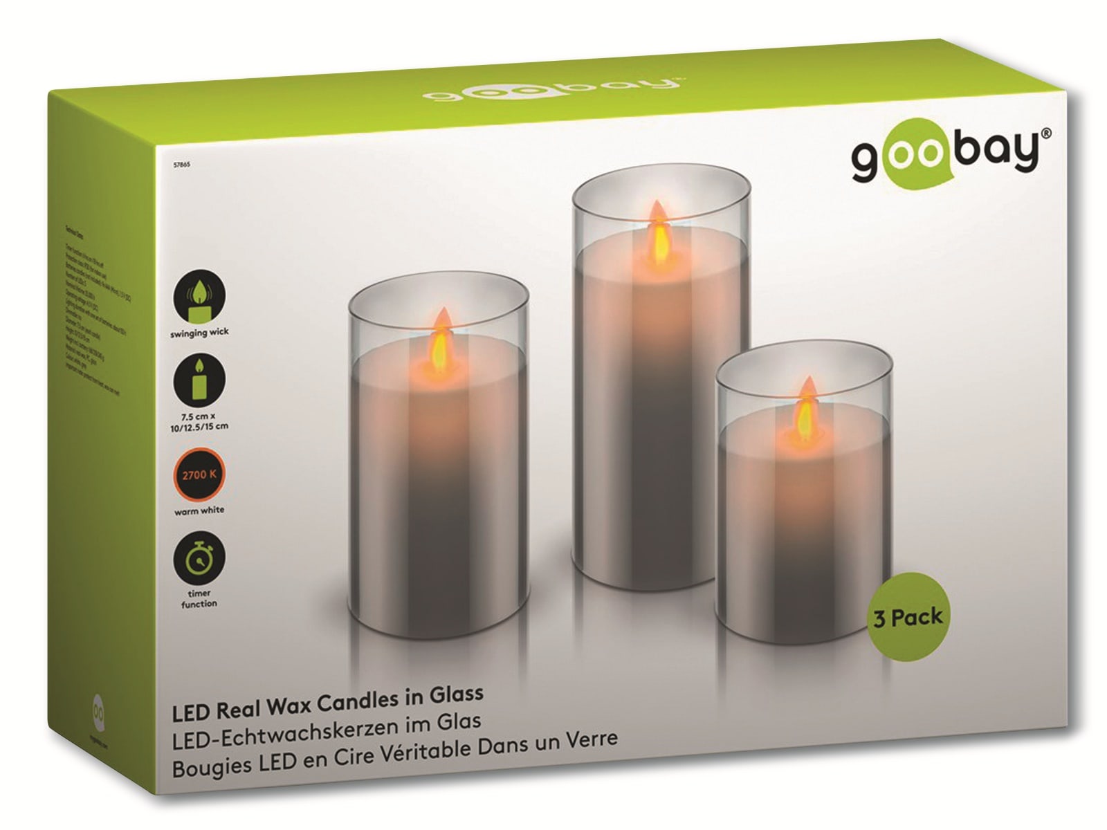 GOOBAY LED-Echtwachskerze im Glas, bewegliche Flamme, Timer Funktion, 3er Set