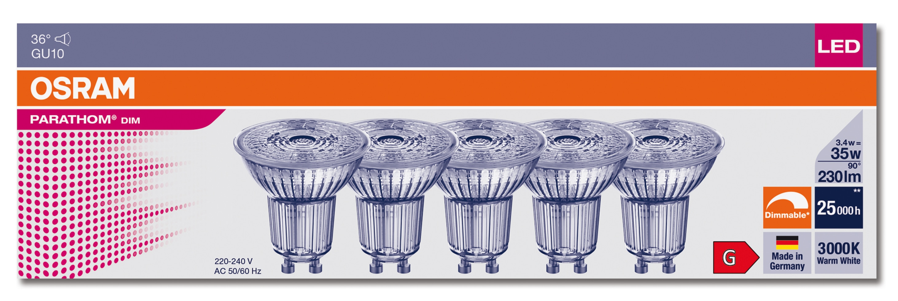 OSRAM LED-Reflektorlampe PARATHOM DIM, PAR16, GU10, EEK: G, 3,4 W, 230 lm, 3000 K, 5 Stück