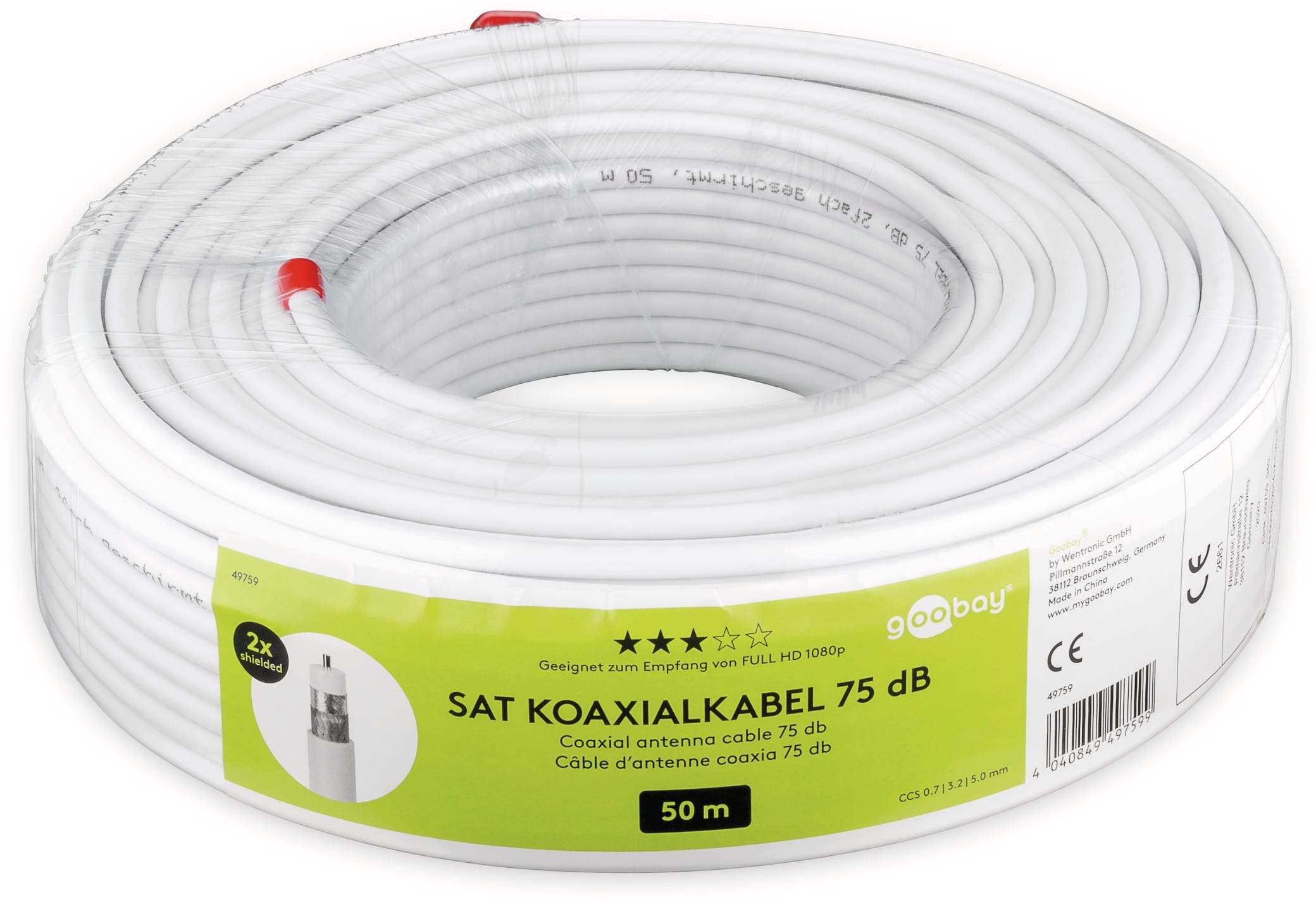 GOOBAY Koaxialkabel 49759, 50 m, weiß, 5 mm, CCS, 75 dB