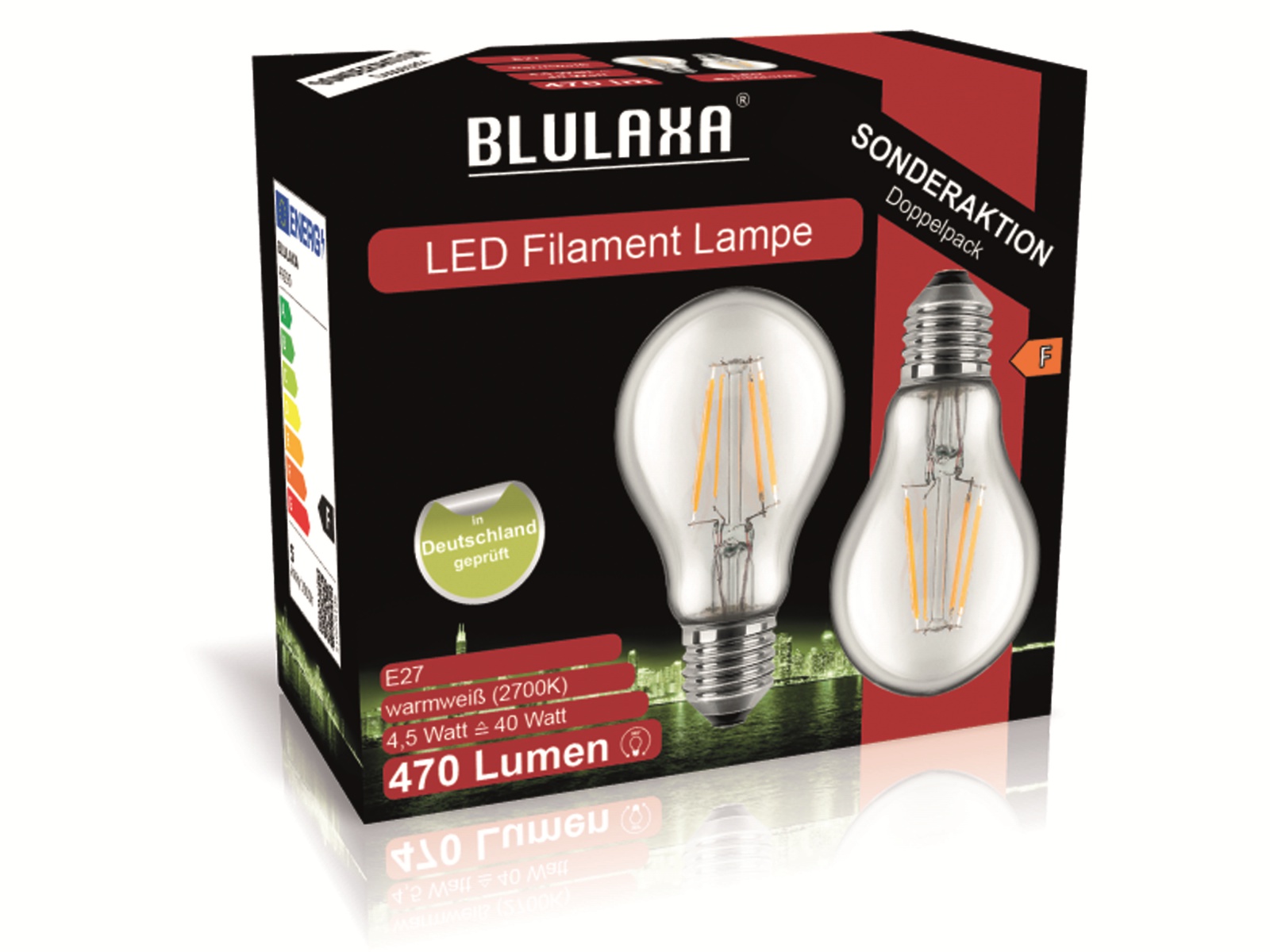 BLULAXA LED-Filament-Lampe, A60, E27, EEK: F, 4,5 W, 470 lm, 2700 K, 2 Stk