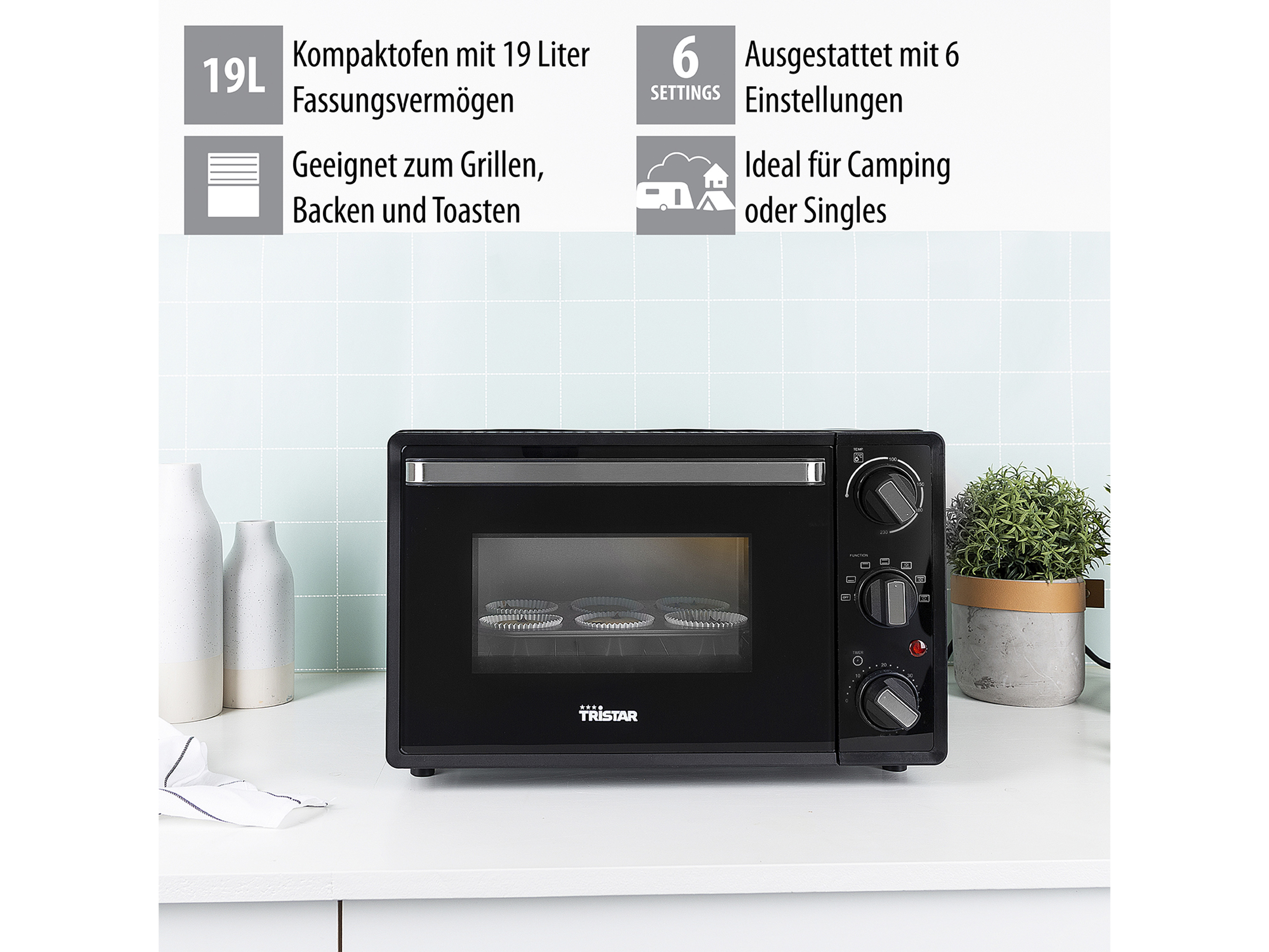 TRISTAR Mini-Backofen OV-3622, 19 L, 800 W, Heißluft, schwarz