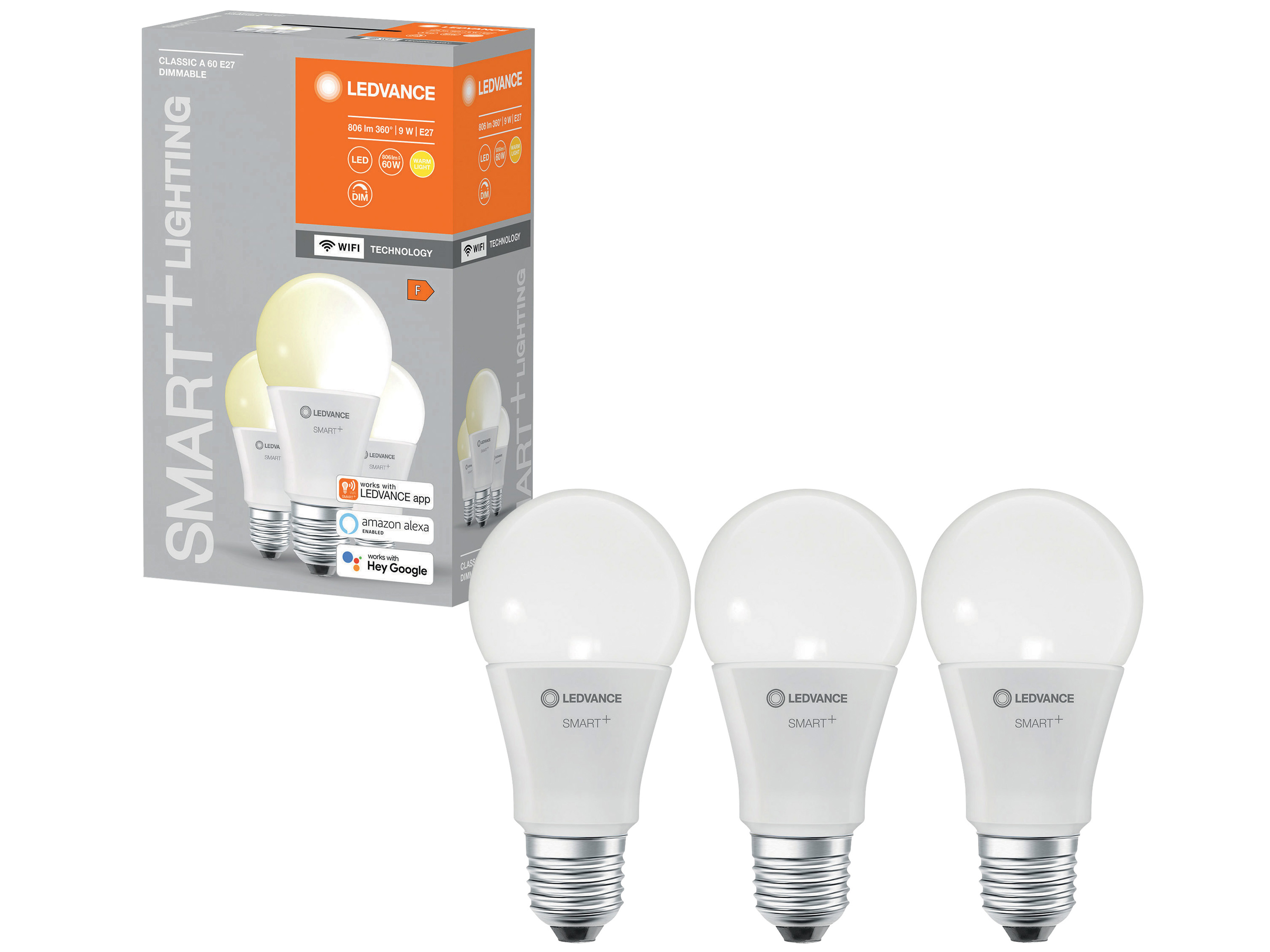 LEDVANCE LED-Lampe SMART+ WiFi Classic, A60, E27, EEK: F, 9 W, 806 lm, 2700 K, Smart, 3 Stück