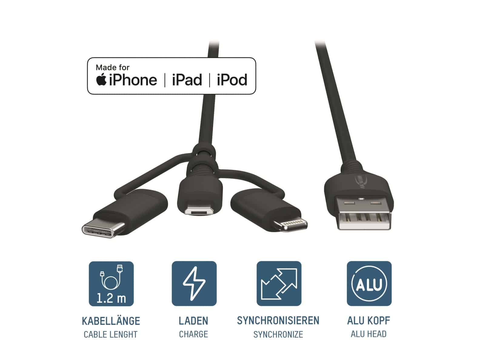 ANSMANN USB 3in1 Daten-/Ladekabel, 120 cm