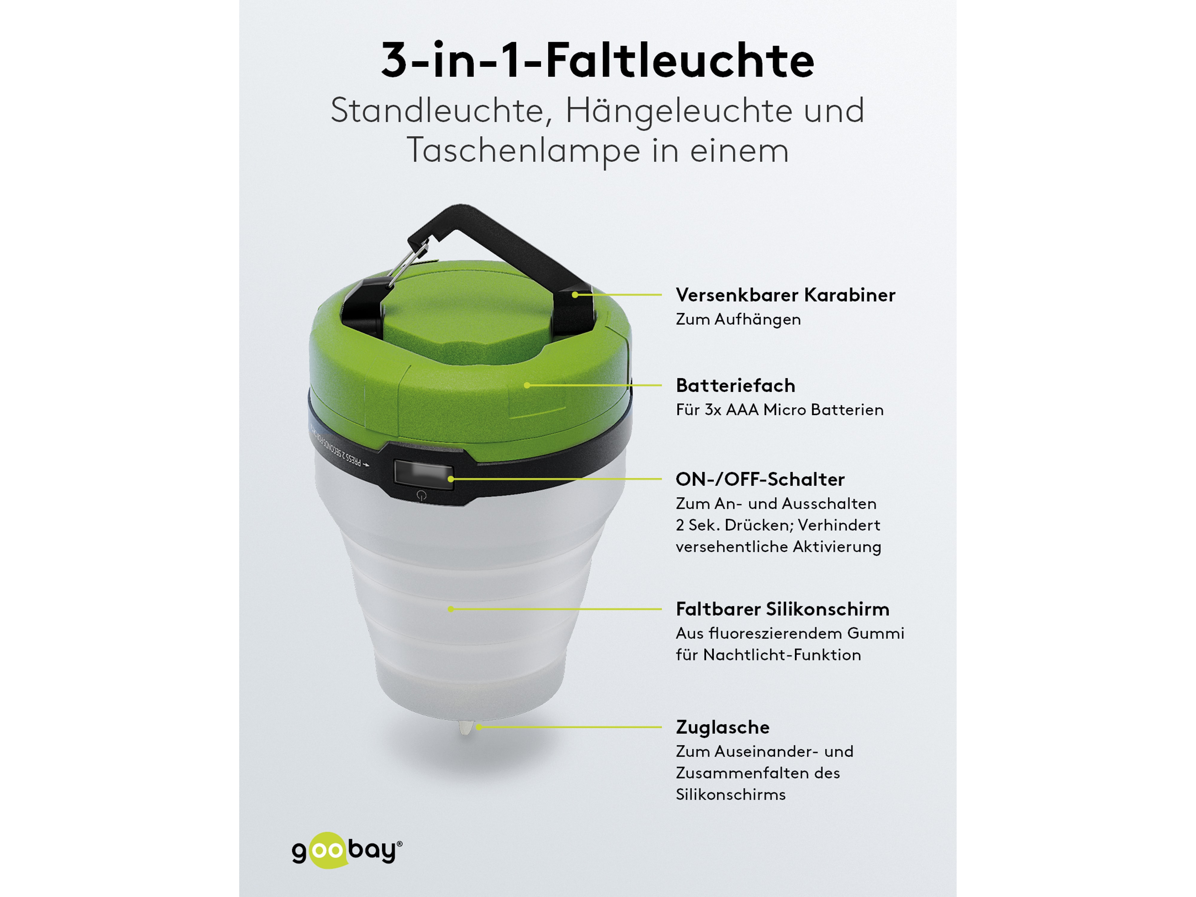 GOOBAY LED-Campingleuchte, faltbar, batteriebetrieben