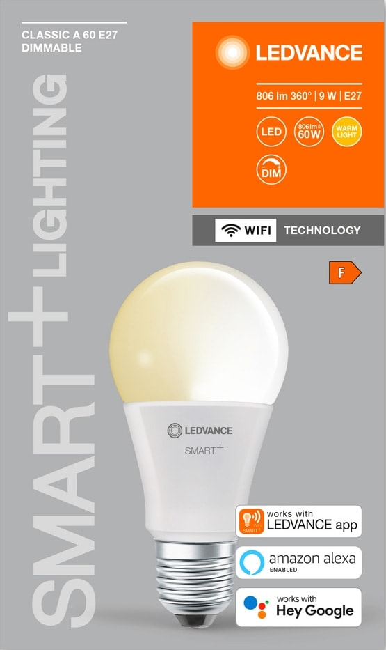 LEDVANCE LED-Lampe SMART+ WiFi Classic, A60, E27, EEK: F, 9 W, 806 lm, 2700 K, Smart