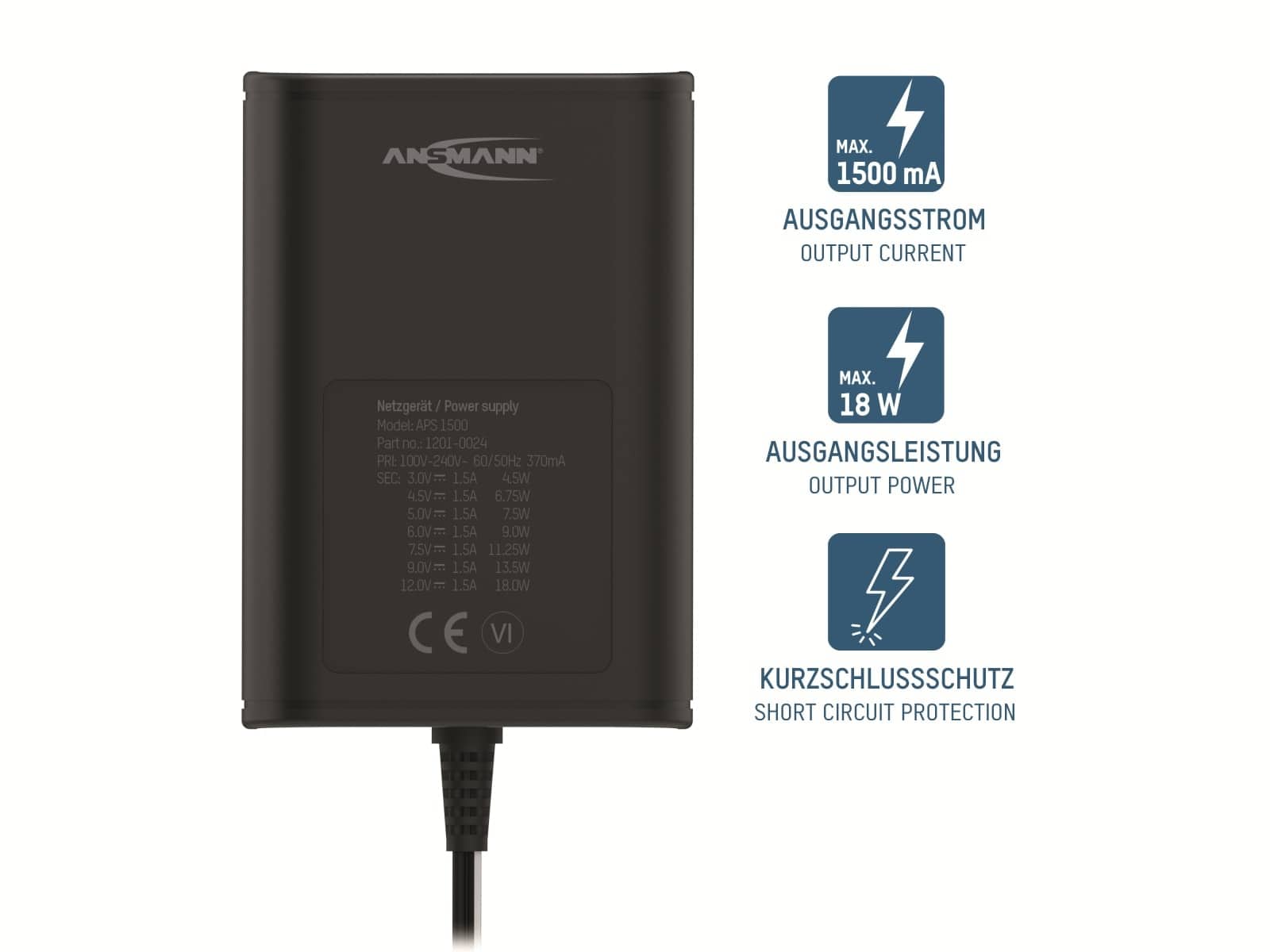 ANSMANN Universal-Netzteil APS 1500, 18W, Ladestrom max. 1,5A, 3-12V-