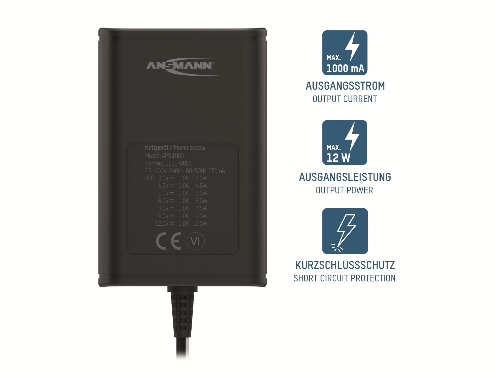 ANSMANN Universal-Netzteil APS 1000, 12W, Ladestrom max. 1A, 3-12V-