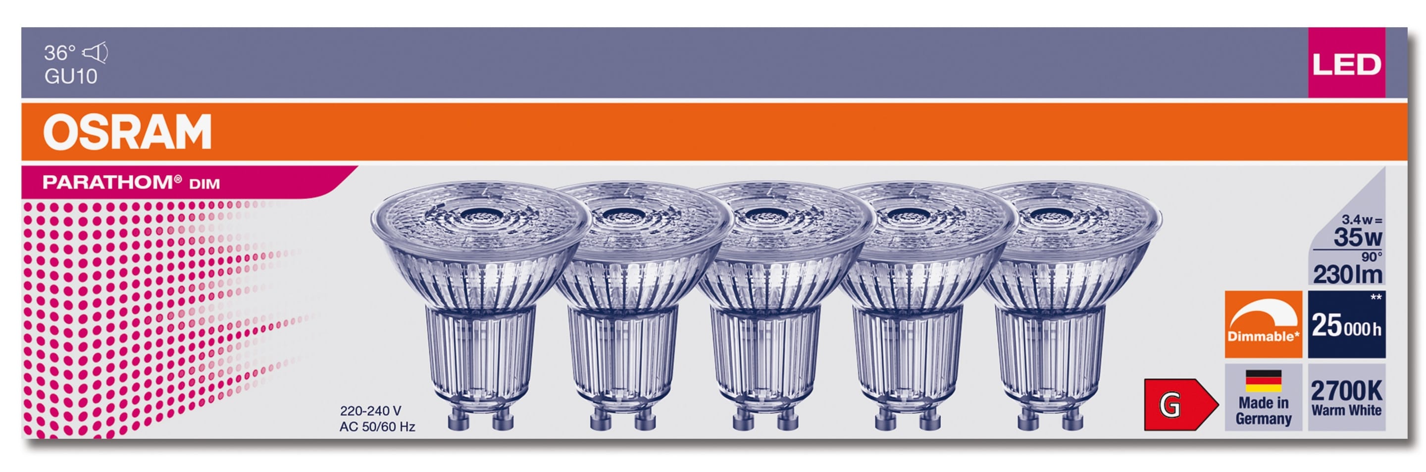 OSRAM LED-Reflektorlampe PARATHOM DIM, PAR16, GU10, EEK: G, 3,4 W, 230 lm, 2700 K, 5 Stück