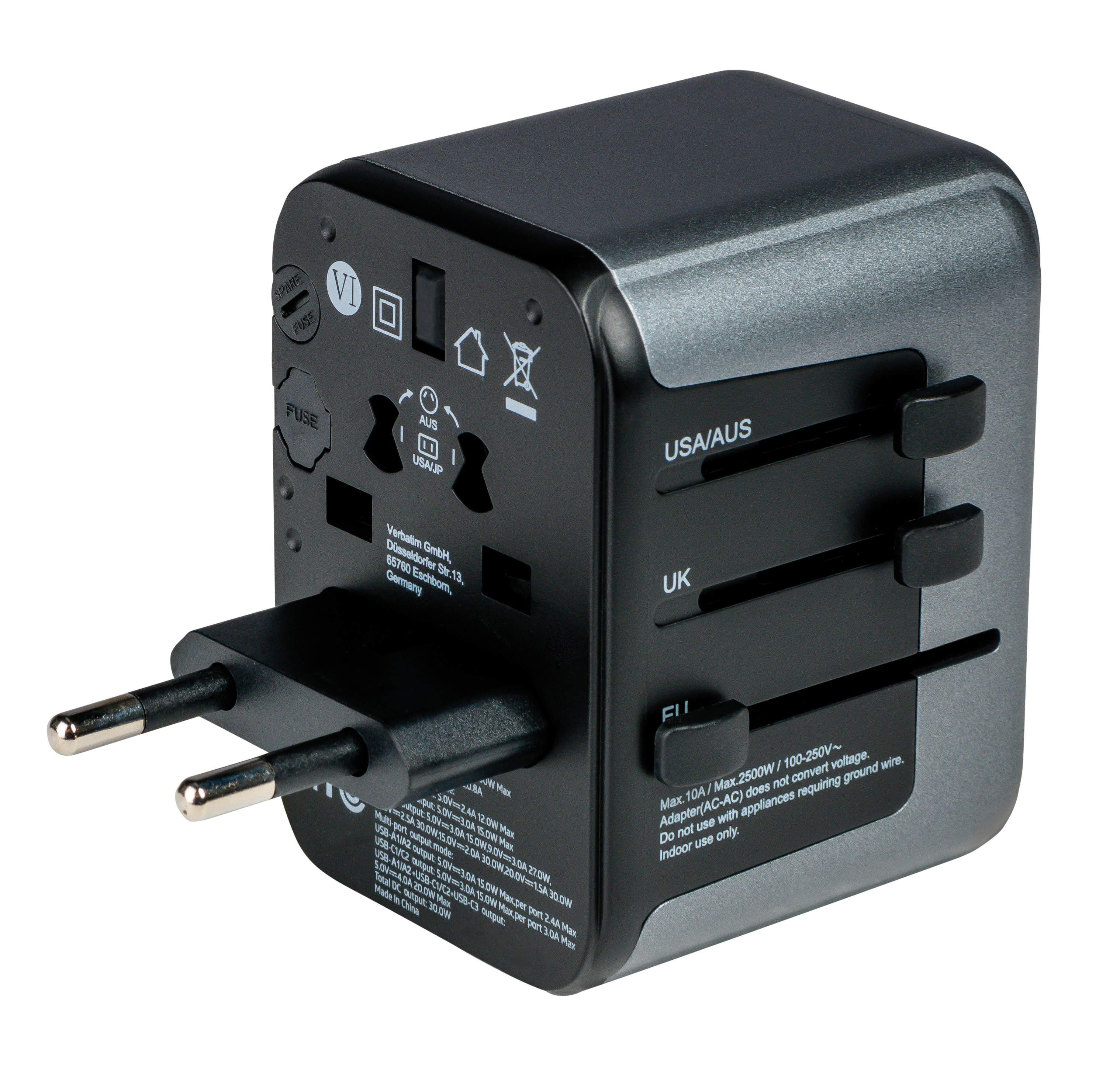 VERBATIM Universal-Reise-Adapter UTA-03, 1x Stromstecker, 2x USB-A, 3x USB-C