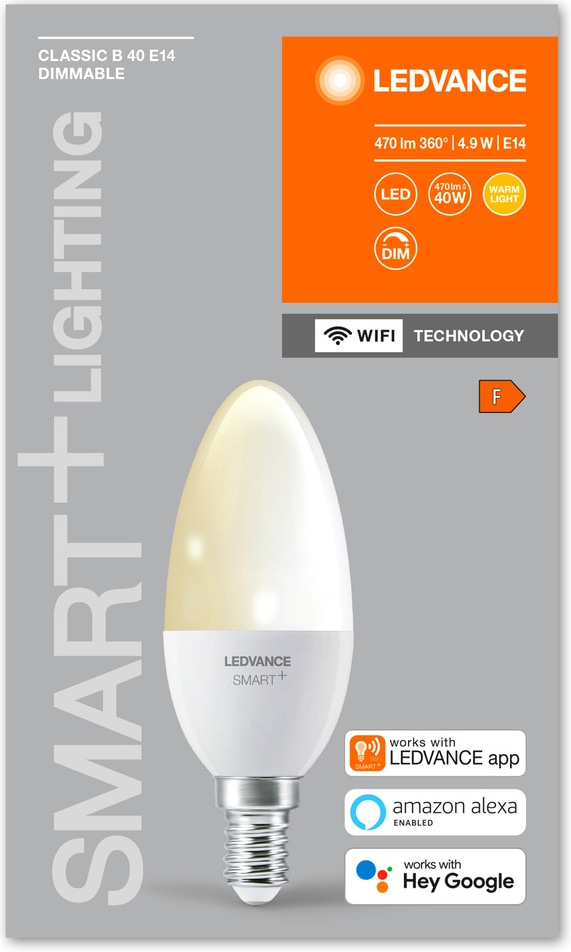 LEDVANCE LED-Lampe SMART+ WiFi Candle, B40, E14, EEK: F, 4,9 W, 470 lm, 2700 K, Smart
