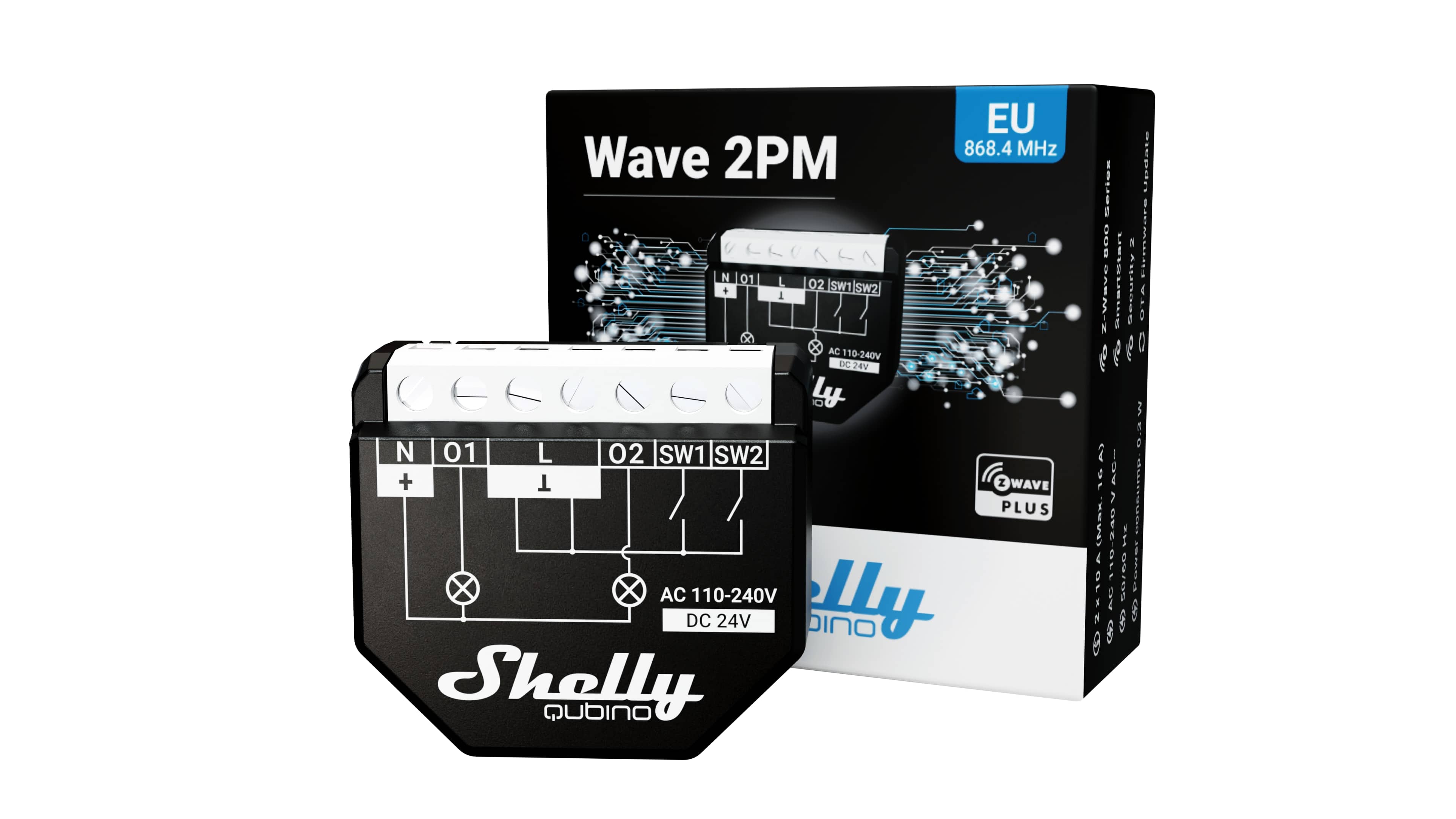 SHELLY WLAN-Schaltaktor Wave 2PM, 16 A, 2 Kanäle, UP, Z-Wave, Messfunktion