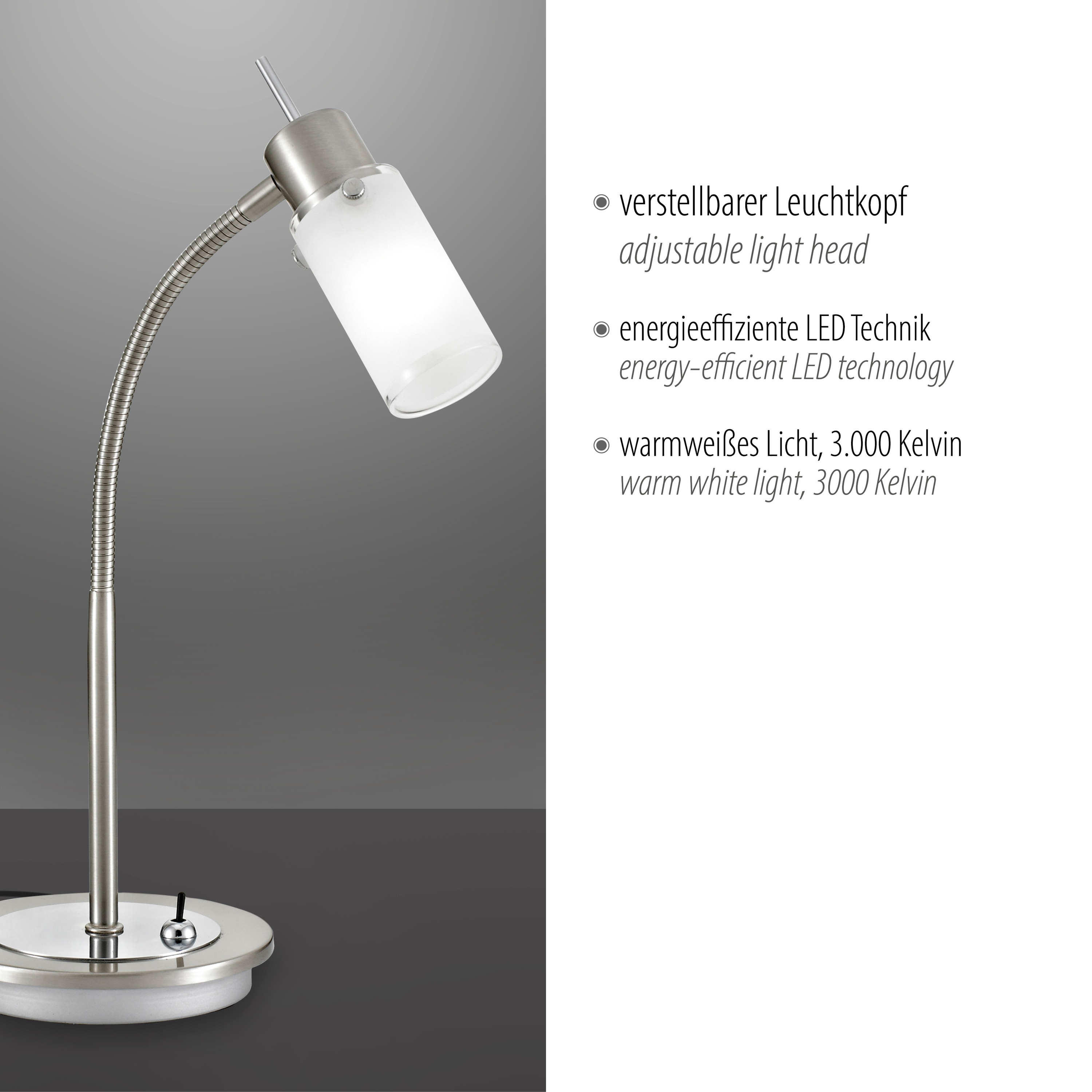 JUST LIGHT LED-Tischleuchte 11935-55 stahlfarbig, 4,W, 420 lm, 3000 K 