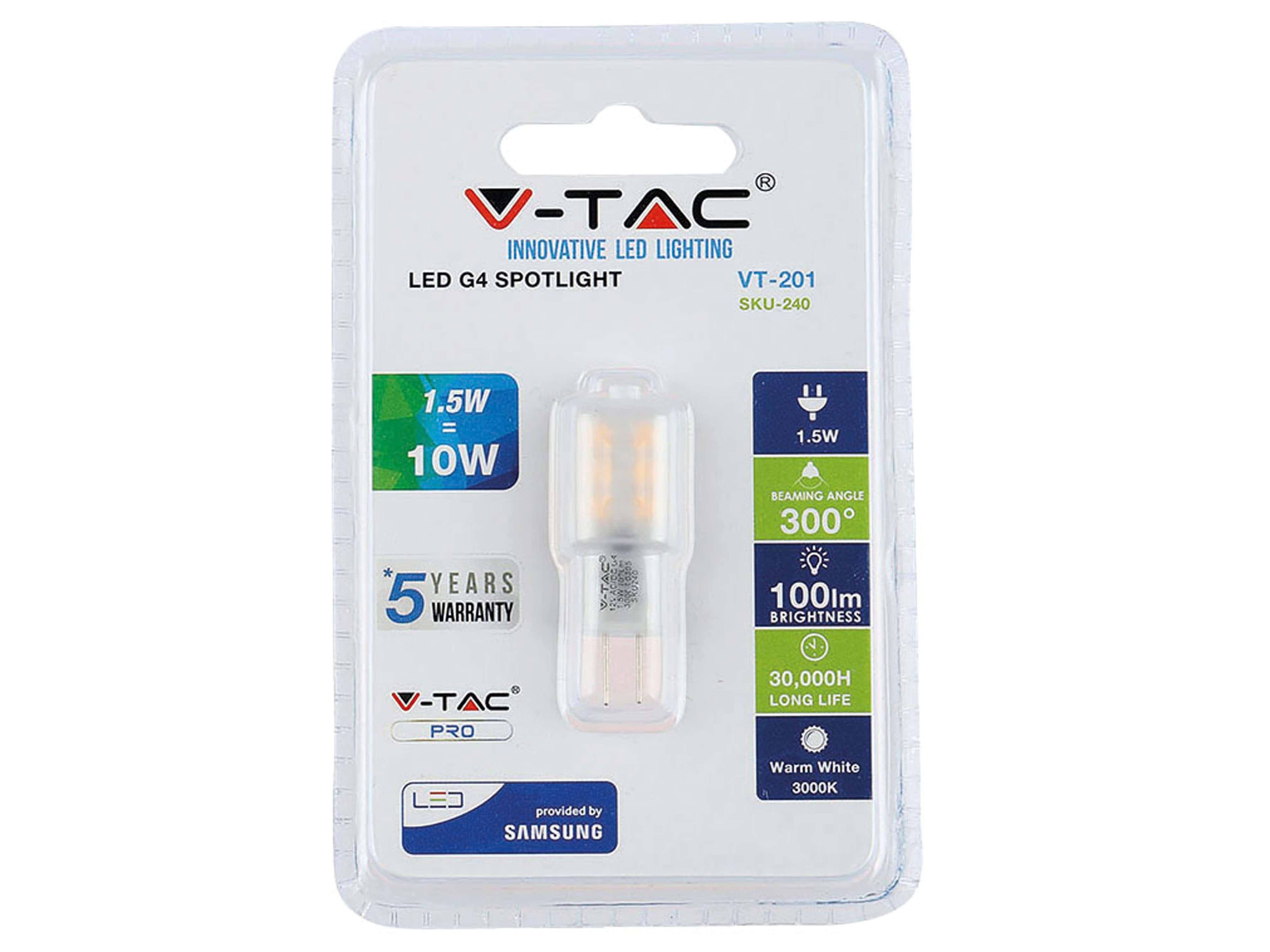 V-TAC LED-Lampe VT 201 (240), G4, EEK: G, 1,5 W, 100 lm, 3000 K