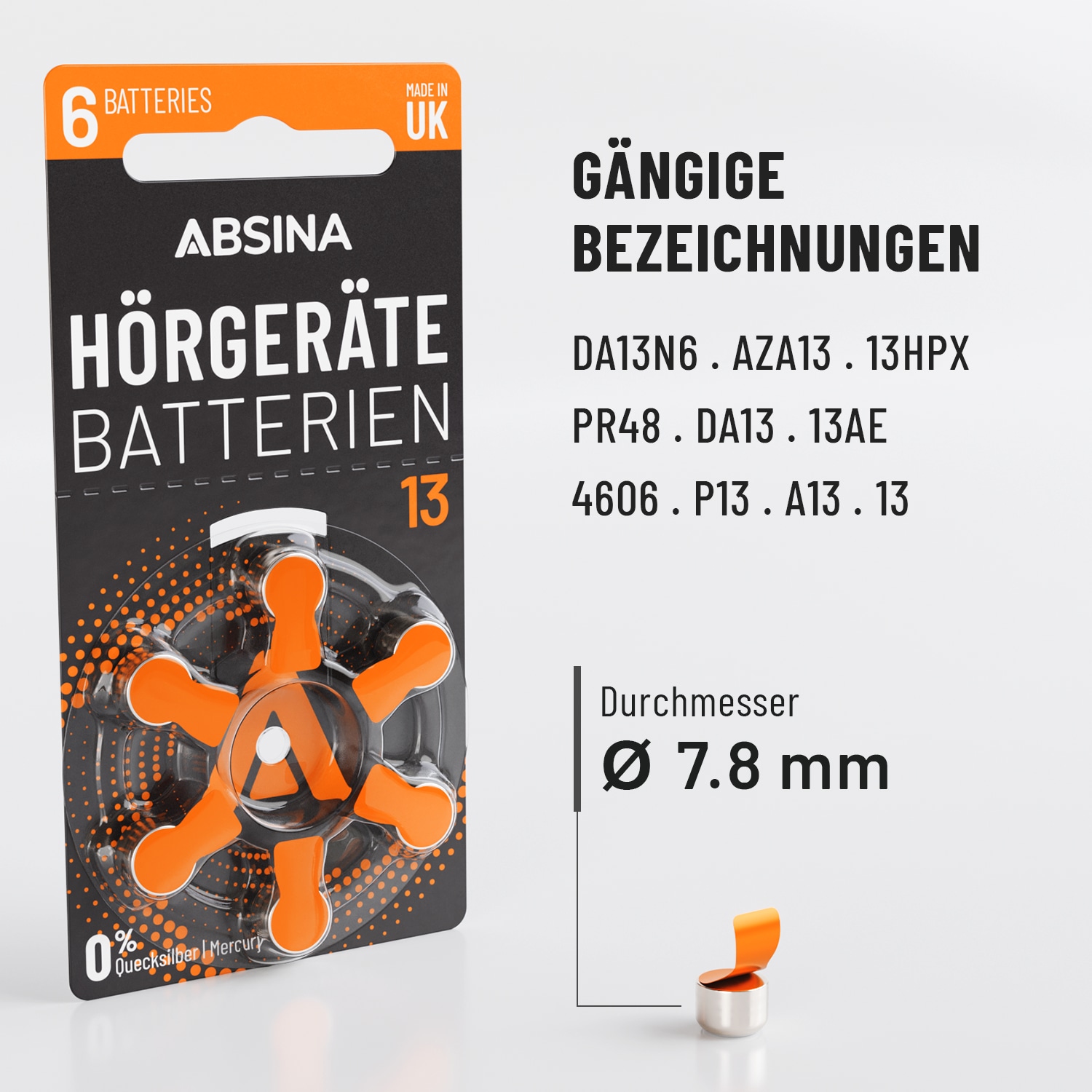 ABSINA Hörgeräte-Batterie Typ 13 / PR48, 6 Stück