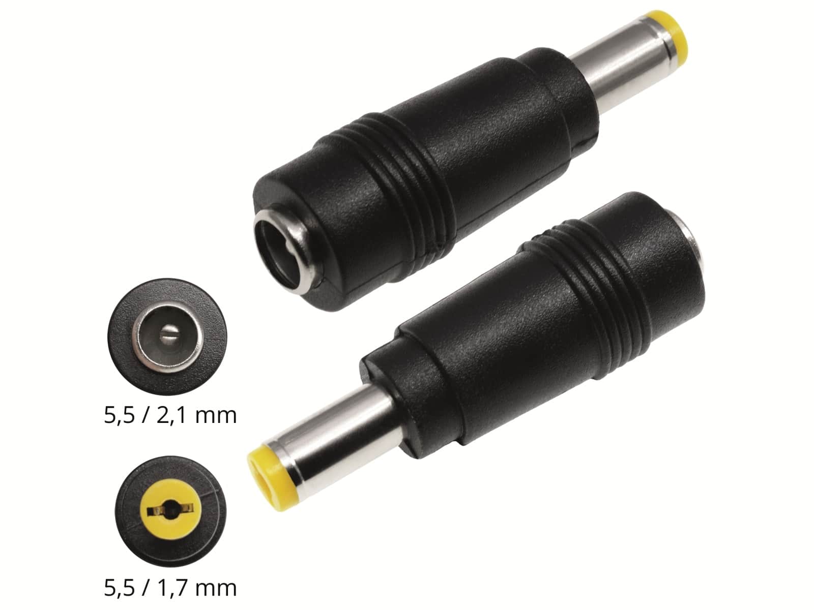 Hohlsteckeradapter, 5,5/2,1 Hohlkupplung auf 5,5/1,7 Hohlstecker mit Feder