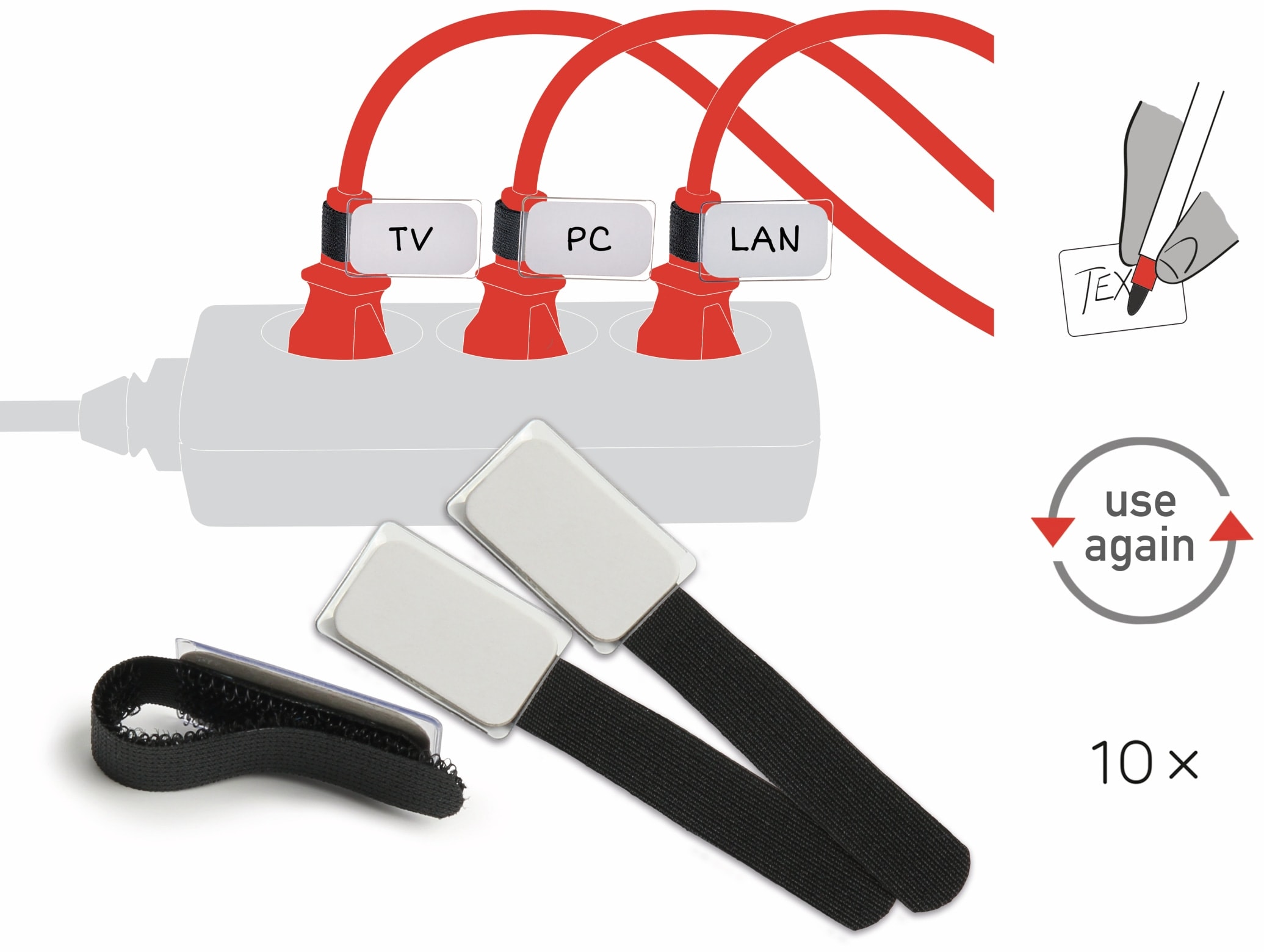 LABEL THE CABLE LTC Klett-Kabelbinder MINI TAGS, 10 Stück, schwarz