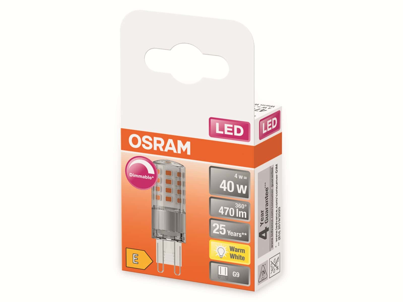 OSRAM LED-Stiftsockellampe, PIN40, G9, EEK: E, 4W, 470lm, 2700K