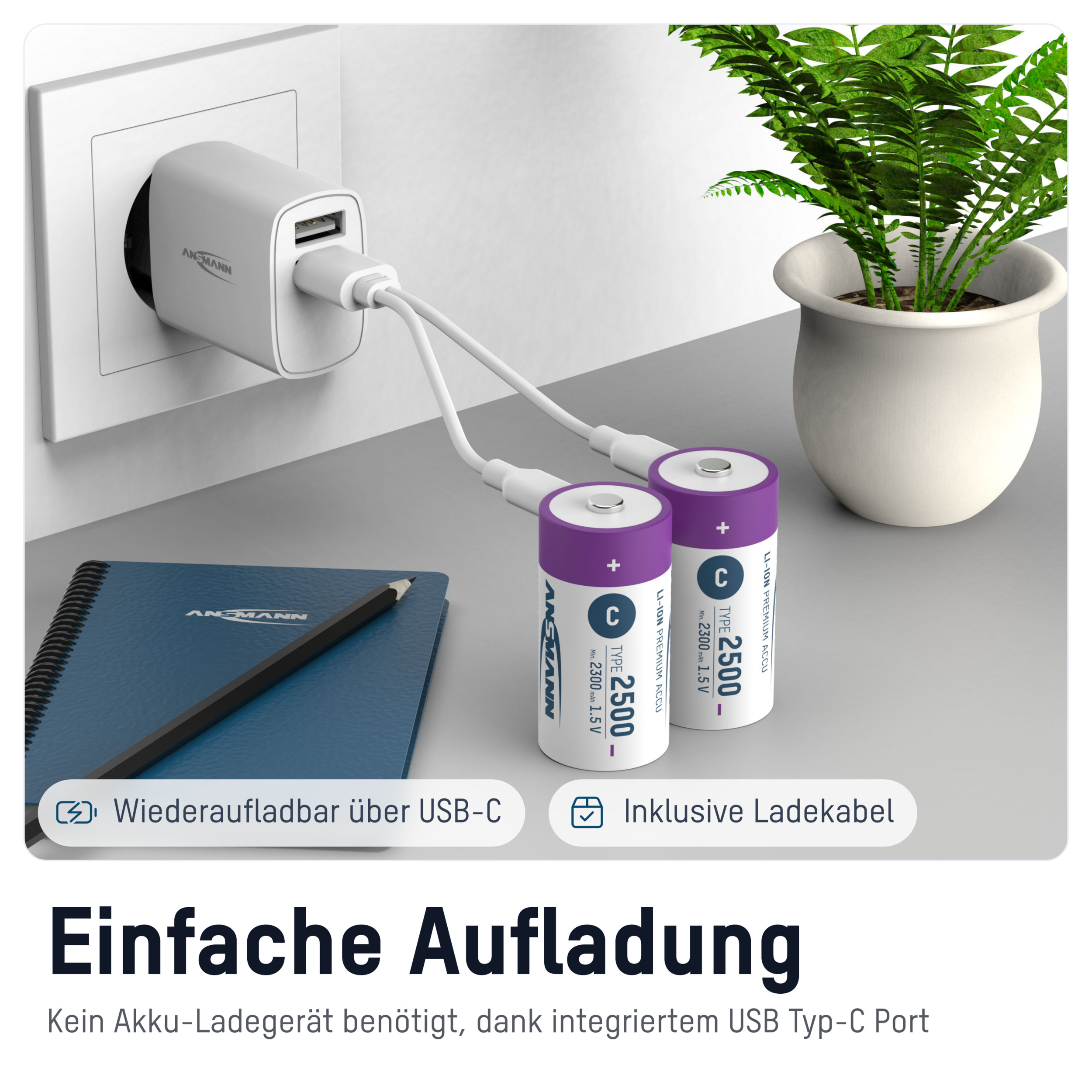 ANSMANN Li-Ion Baby-C-Akku, Typ 2500 (min. 2300mAh), 2 Stück