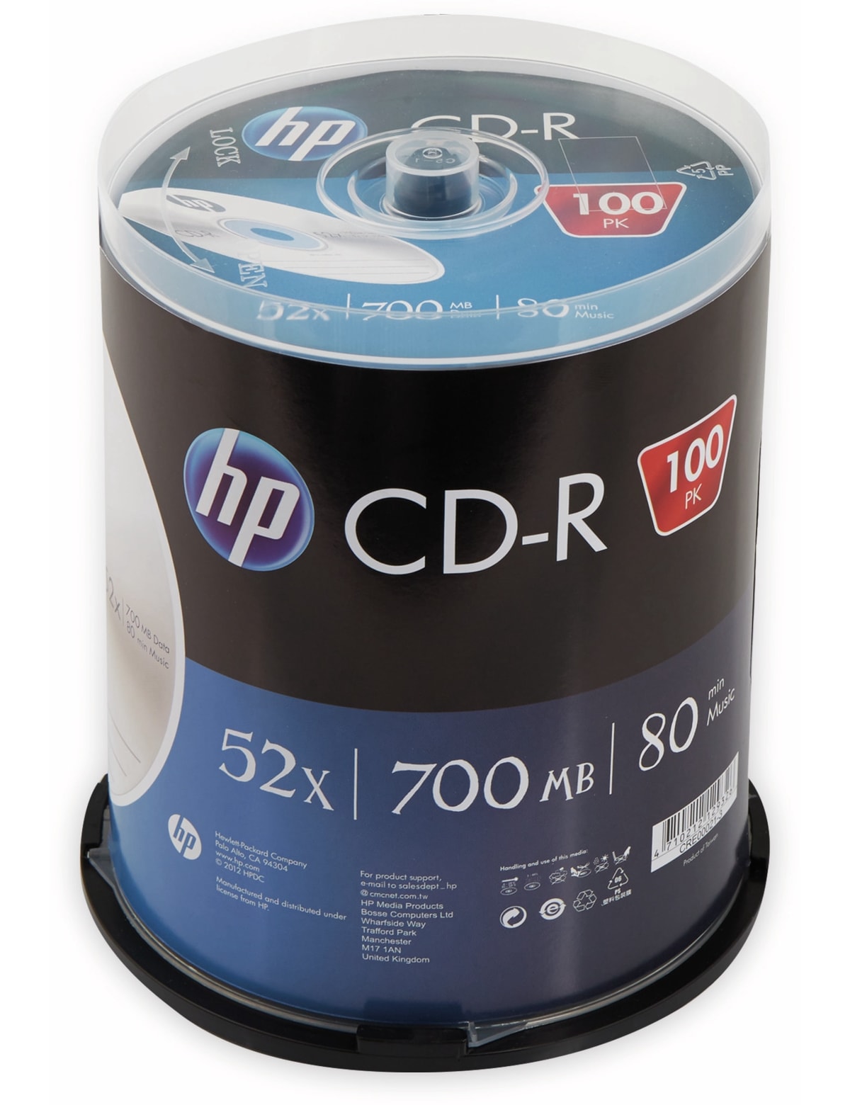 HP CD-R 80Min, 700MB, 52x, Cakebox, 100 CDs, Silver Surface