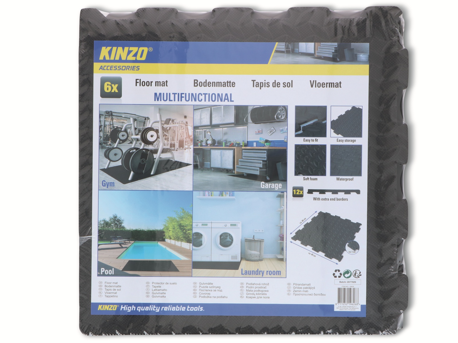 KINZO Multifunktionale-Bodenmatte, 6 Stück, 40x40x1 cm, schwarz