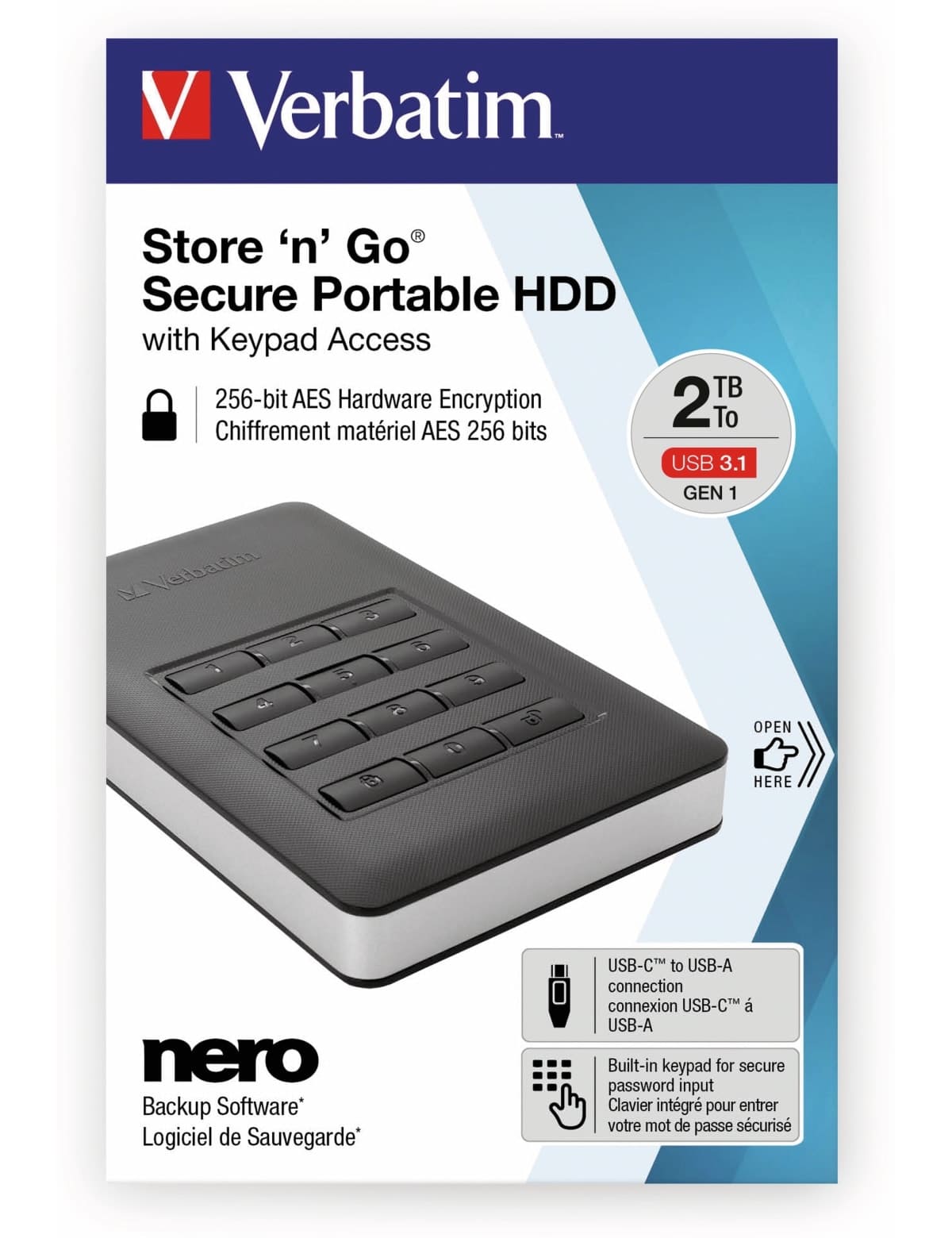 VERBATIM USB3.0 HDD Secure Portable, Keypad, 2 TB, schwarz