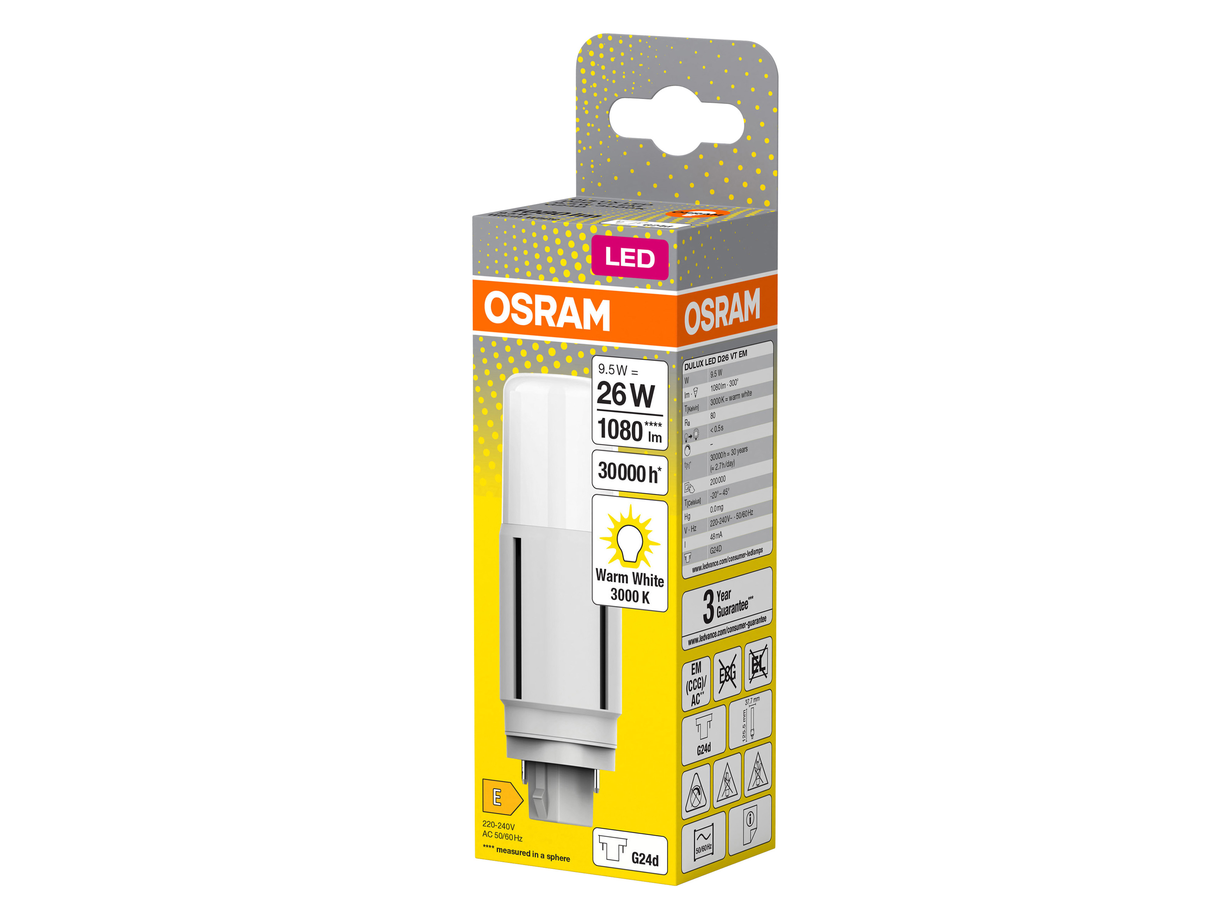 OSRAM LED-Lampe, Dulux D26, G24d, EEK: E, 9,5W, 1080lm, 3000K