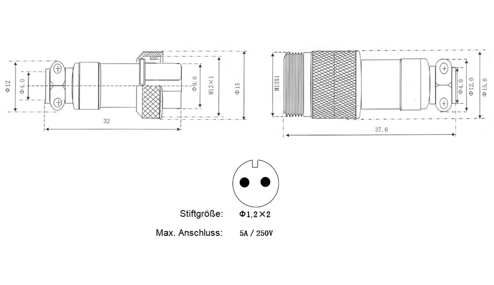 Hochstrom Steckverbinder-Set, 2-polig, Ø 12 mm, Schraubverschluss