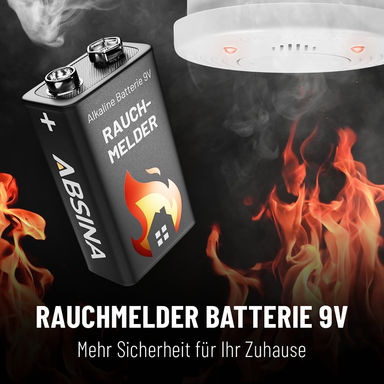 ABSINA 9V-Blockbatterie, Alkaline, für Rauchmelder, 8 Stück