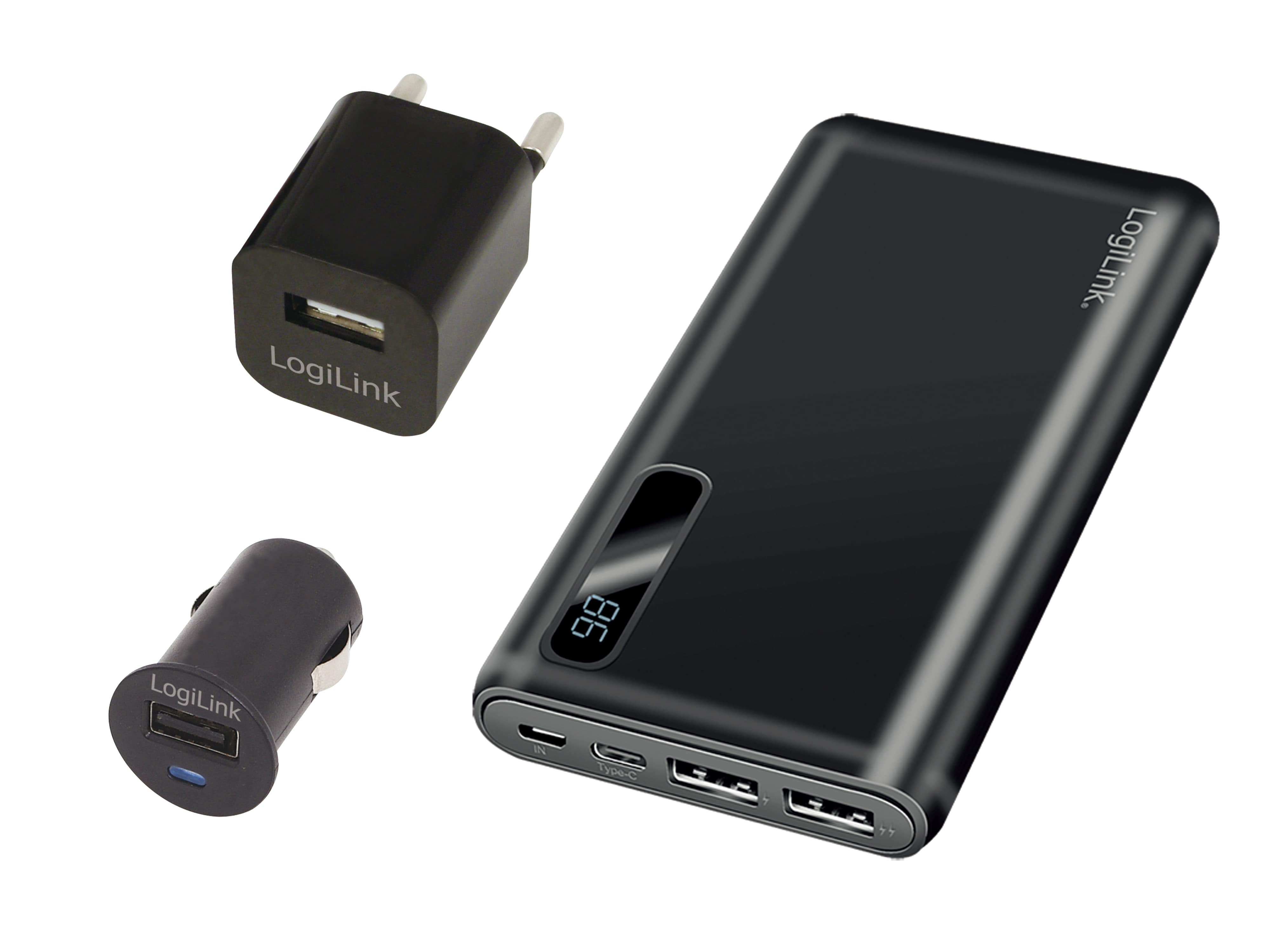 LOGILINK Powerbank mit KFZ-Lader und Netzadapter, schwarz