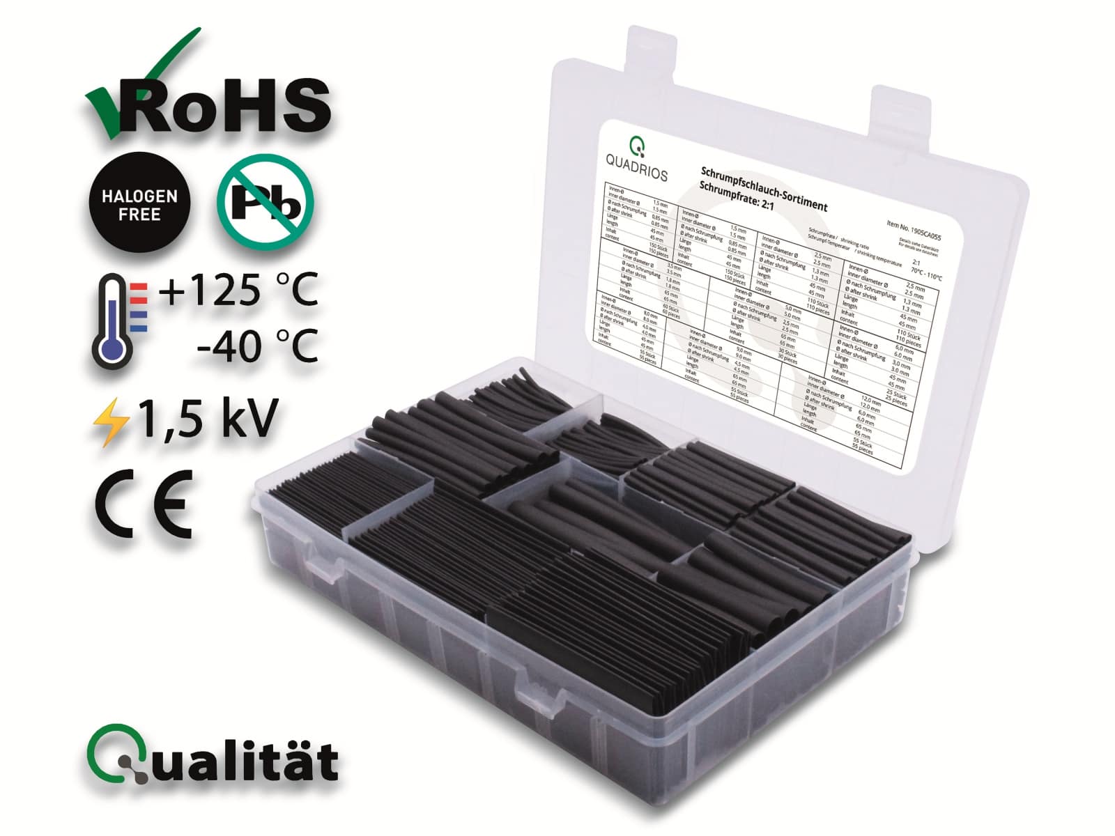 QUADRIOS, 1905CA055, großes Schrumpfschlauch Set Sortiment 800 St Industriequalität 2:1