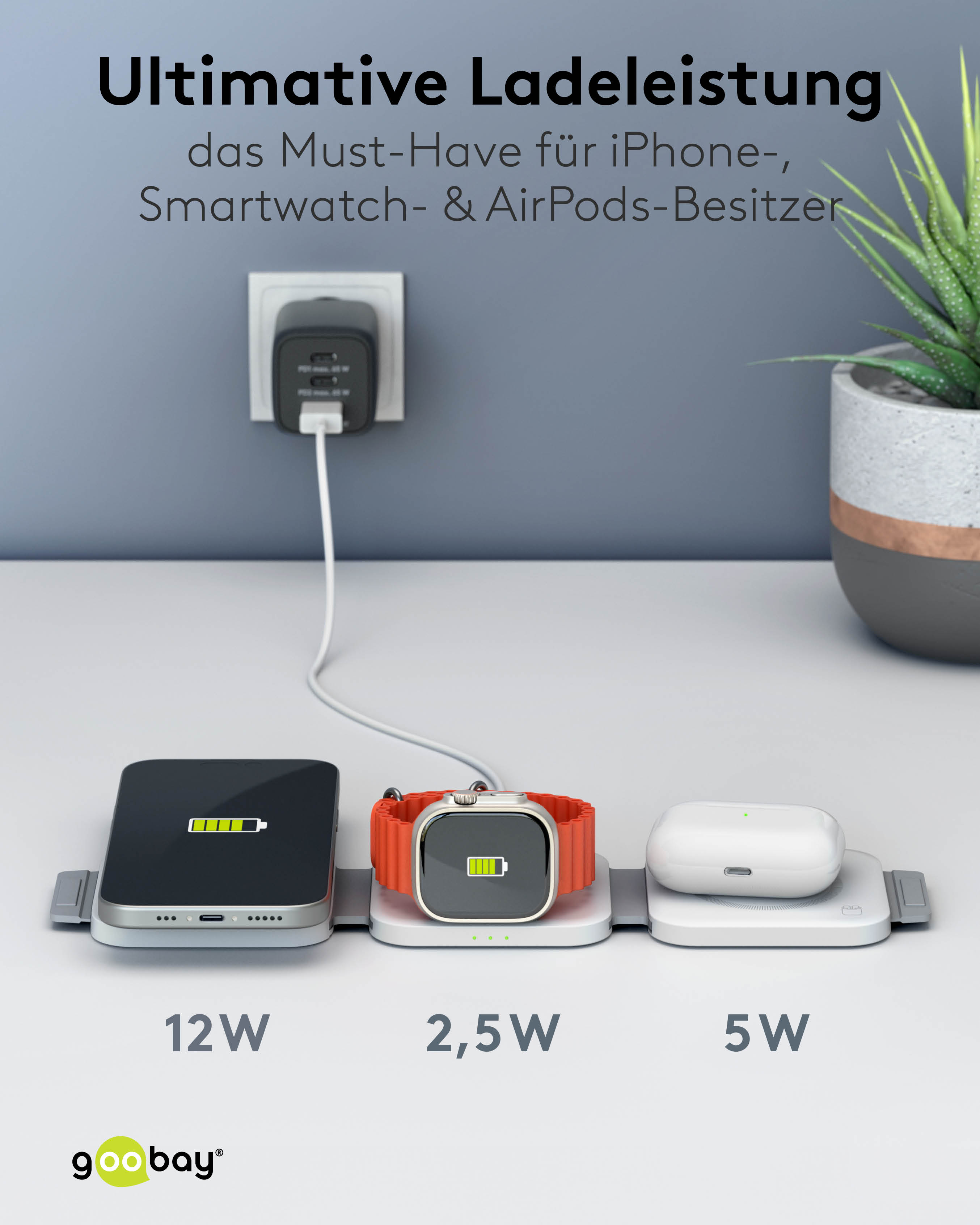 GOOBAY 3 in 1 Qi-Charger ,15 W, Induktionsladegerät, 