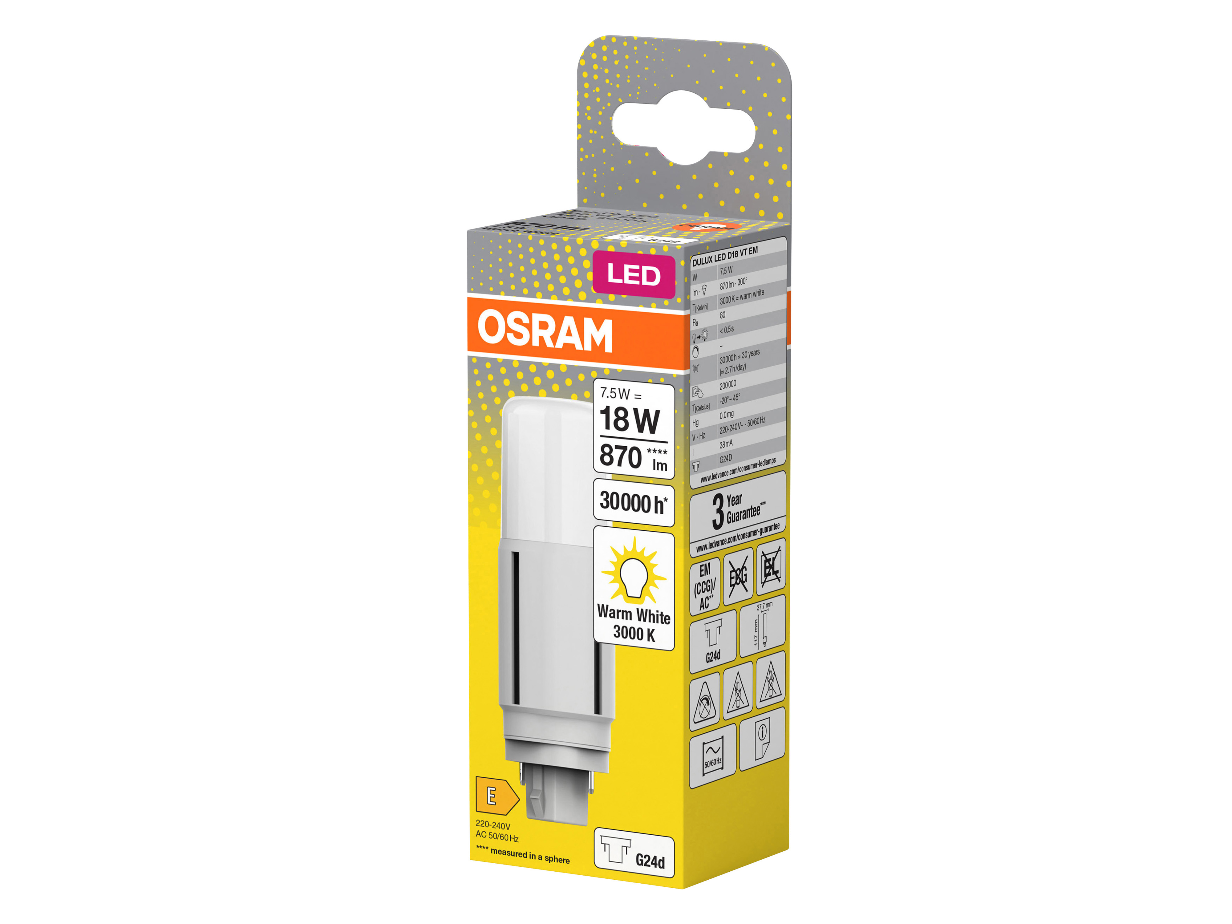 OSRAM LED-Lampe, Dulux D18, G24d, EEK: E, 7,5W, 870lm, 3000K