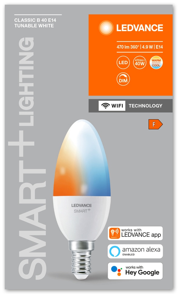 LEDVANCE LED-Lampe SMART+ WiFi Candle, B40, E14, EEK: F, 4,9 W, 470 lm, 2700…6500 K, Smart