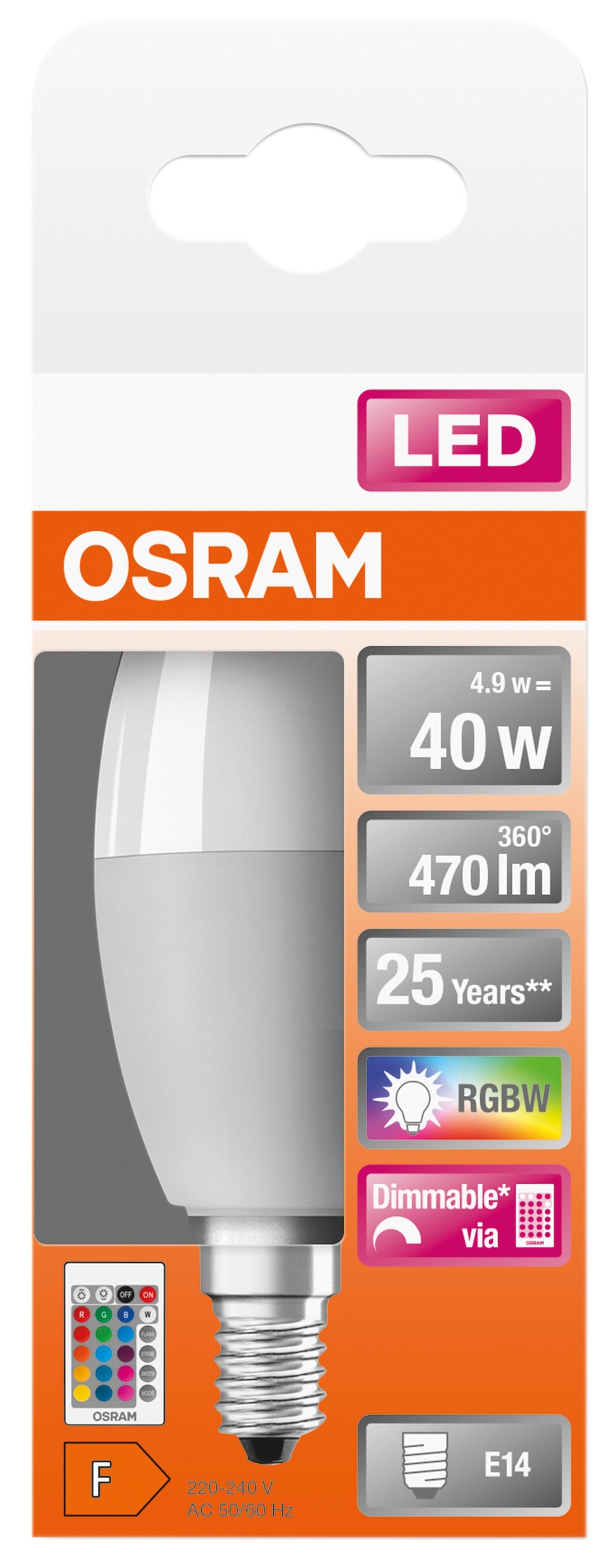 OSRAM LED-Lampe Superstar Classic, B40, E14, EEK: F, 4,9 W, 470 lm, 2700 K, RGBW