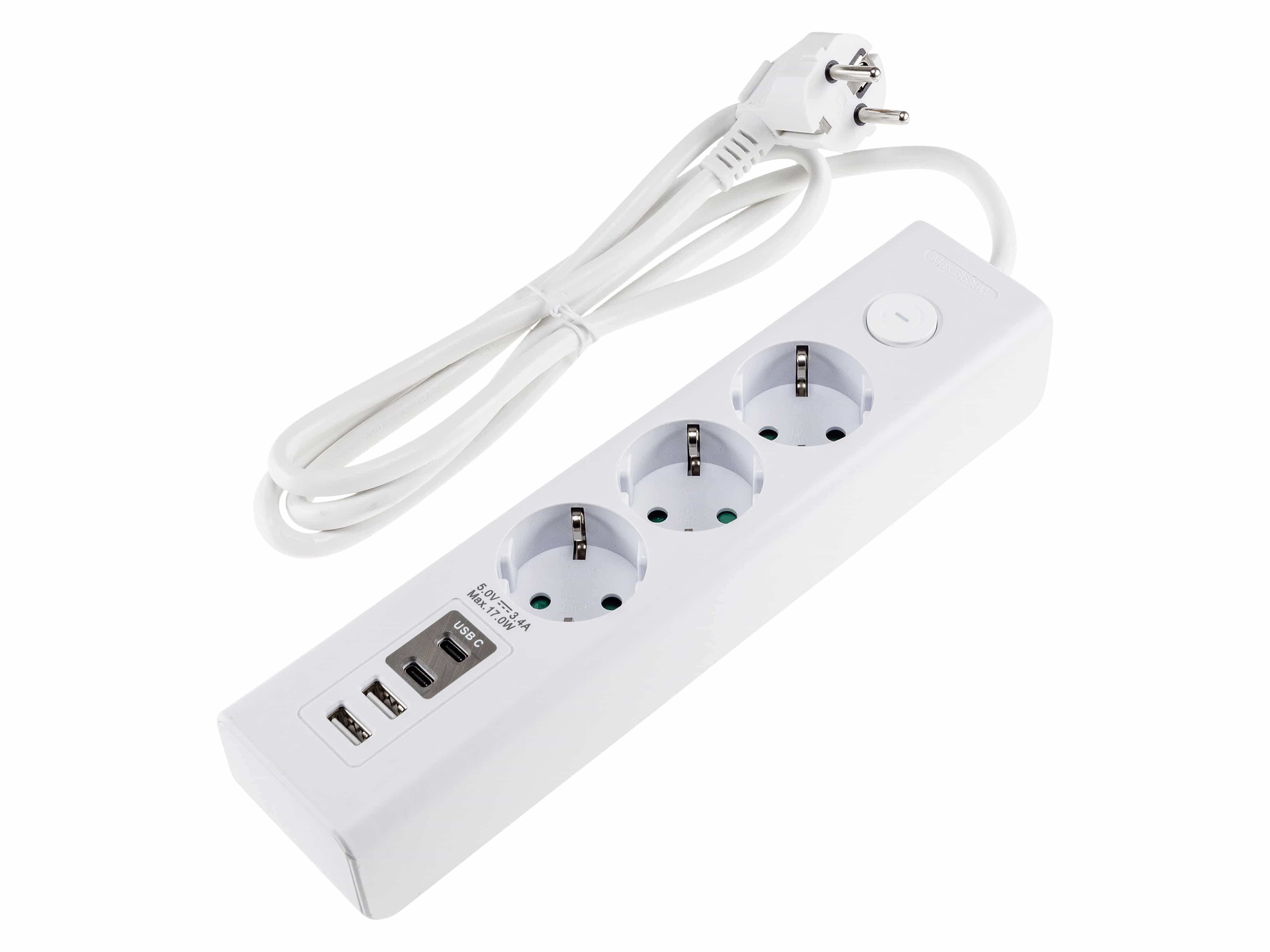 CHILITEC Steckdosenleiste, 3-fach, USB-A+C, 1,5 m Zuleitung, weiß