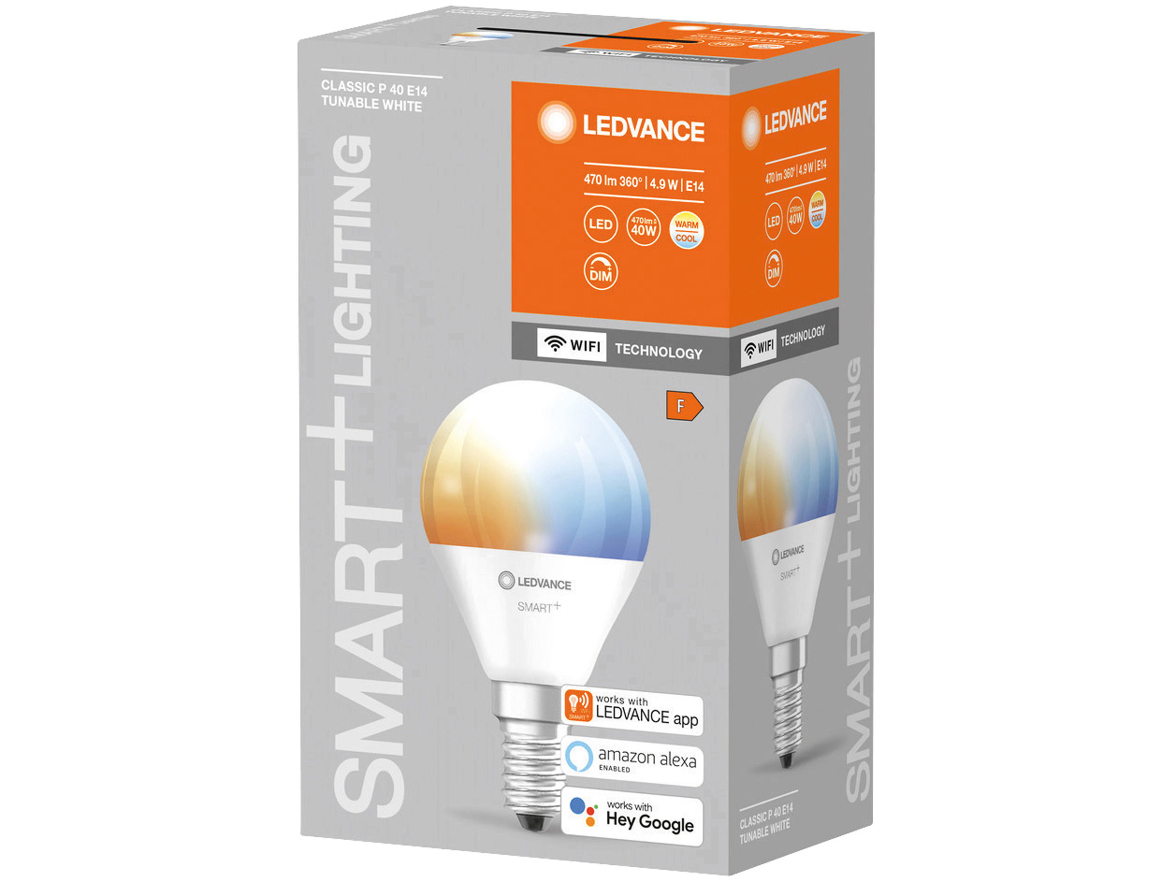 LEDVANCE LED-Lampe SMART+ WiFi Mini bulb, P46, E14, EEK: F, 4,9 W, 470 lm, 2700…6500 K, Smart