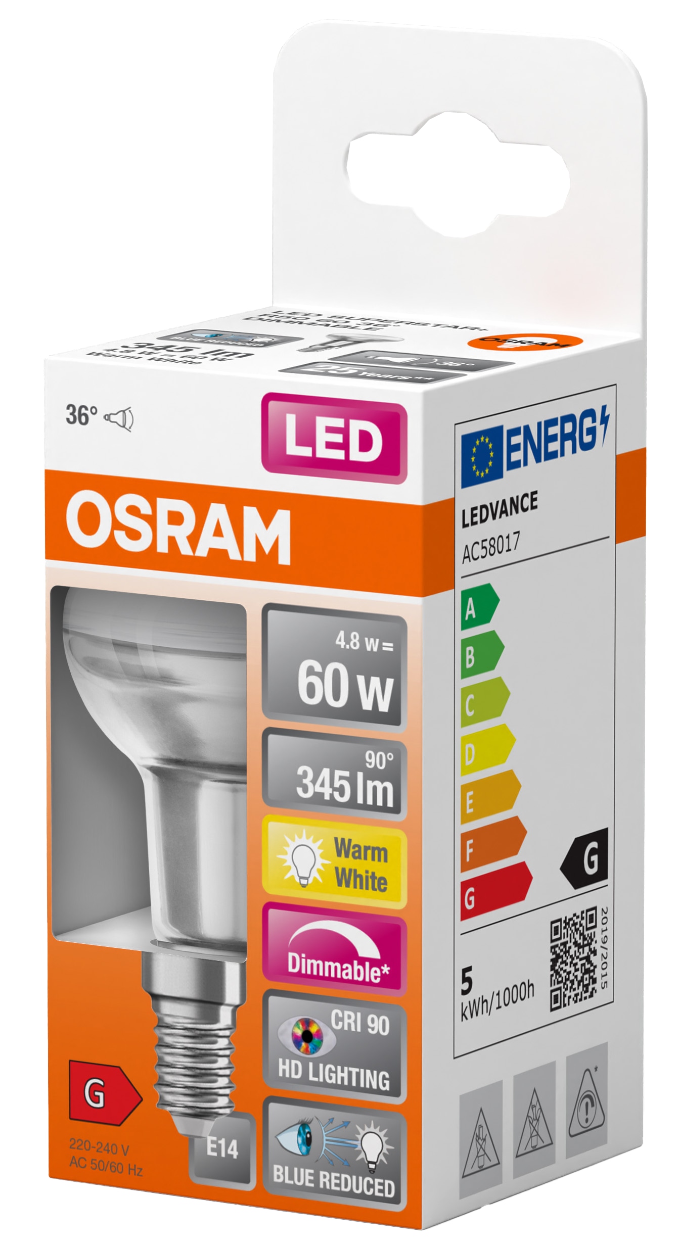 OSRAM LED-Reflektorlampe Superstar Plus, R50, E14, EEK: G, 4,8 W, 345 lm, 2700 K