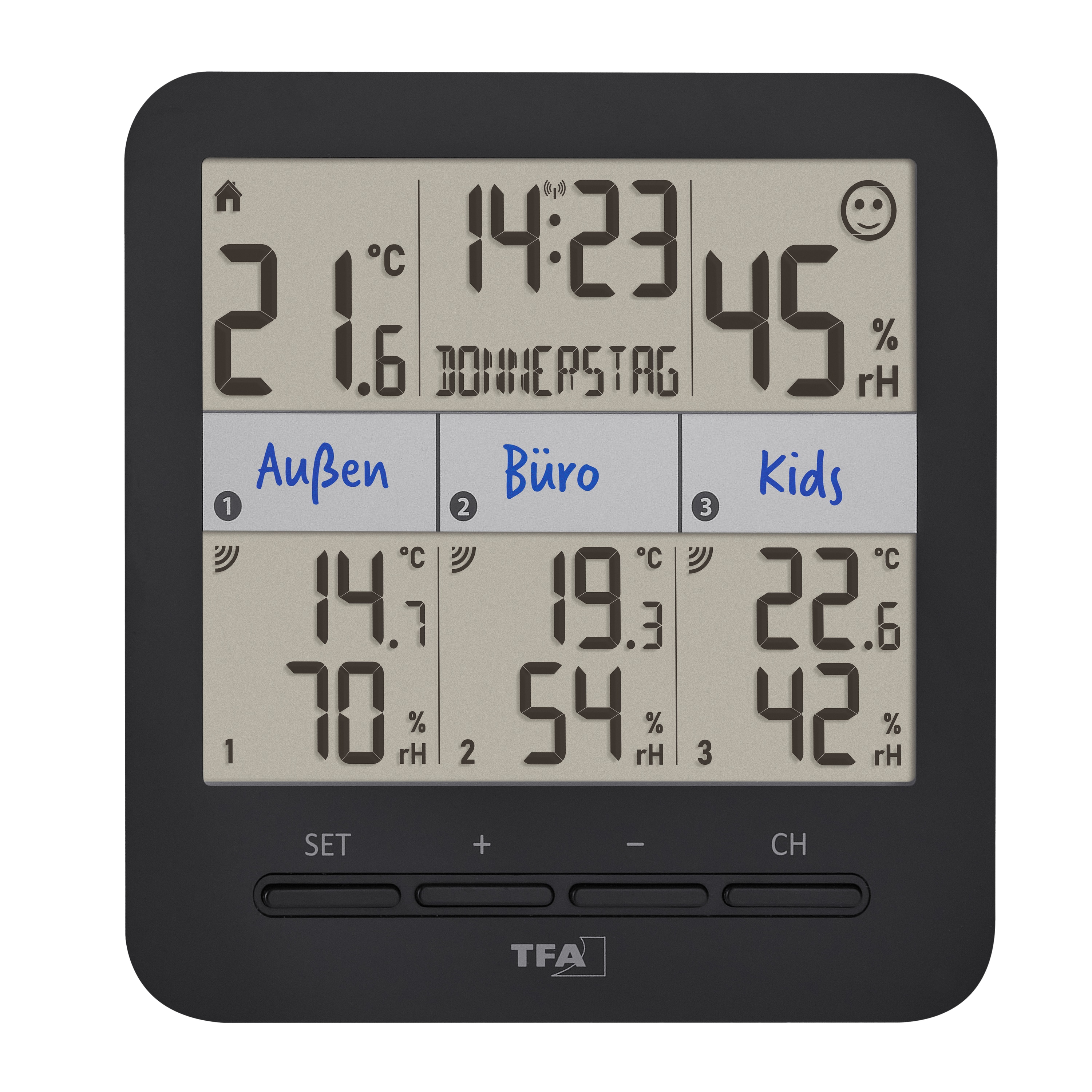 TFA Funk-Thermo-Hygrometer Klima@Home2, 30.3075.01, mit 3 Sendern, schwarz