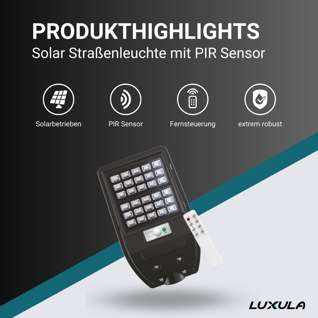 LUXULA Solar-Straßenleuchte, 50 W, 600 lm, mit PIR Sensor