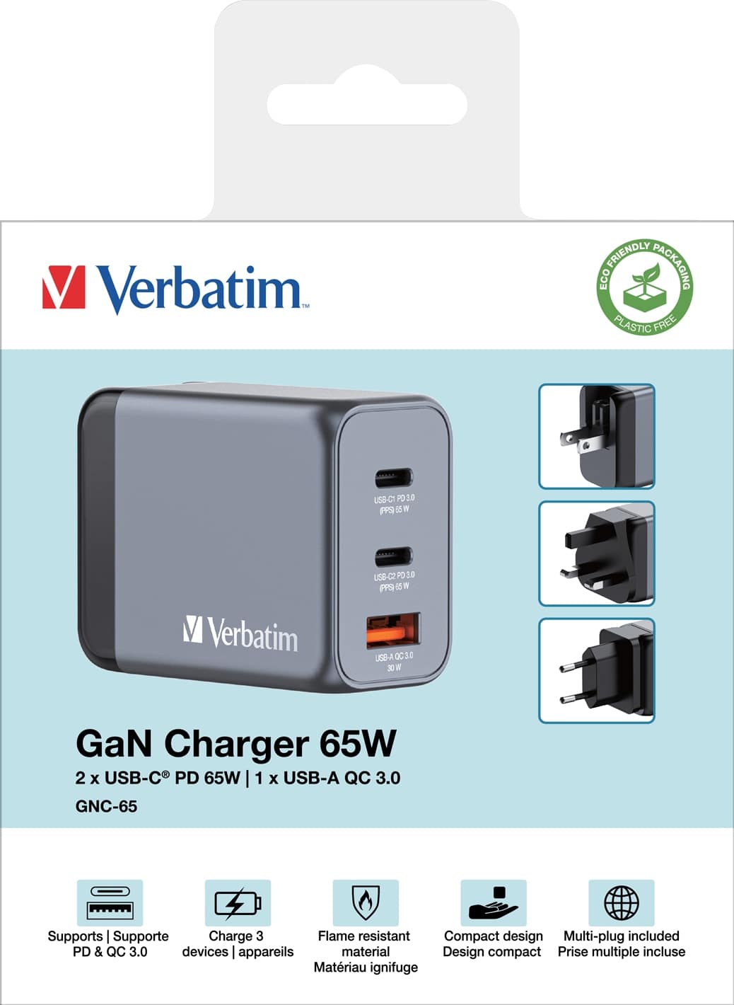 VERBATIM USB-Ladegerät 32201, 65W, 1x USB-A QC, 2x USB-C PD, grau